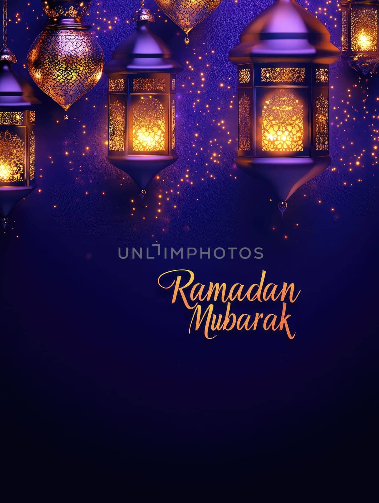 Elegant Ramadan Mubarak design with illuminated lanterns on deep purple background.