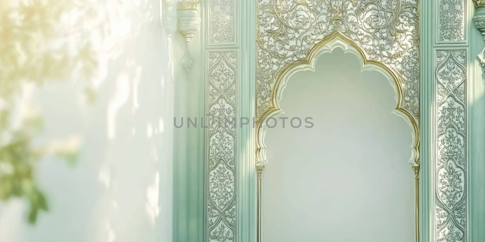 Elegant ornate arch on soft pastel green background for tranquil interior design.