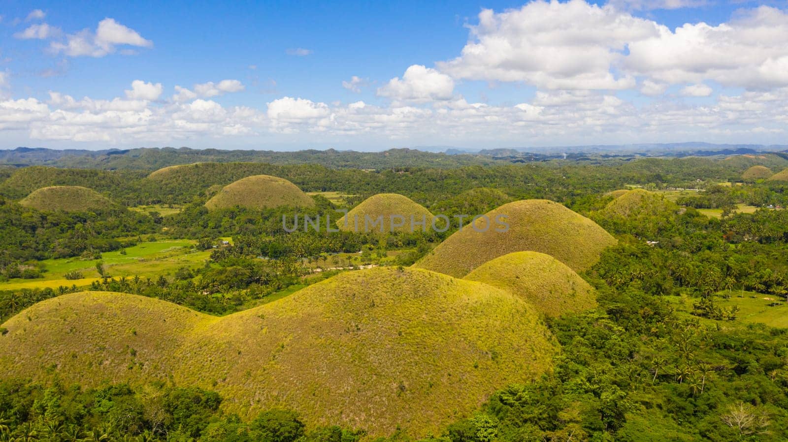 Aerial view of Chocolate hills in Bohol island,Philippines. Hills covered with grass and vegetation.