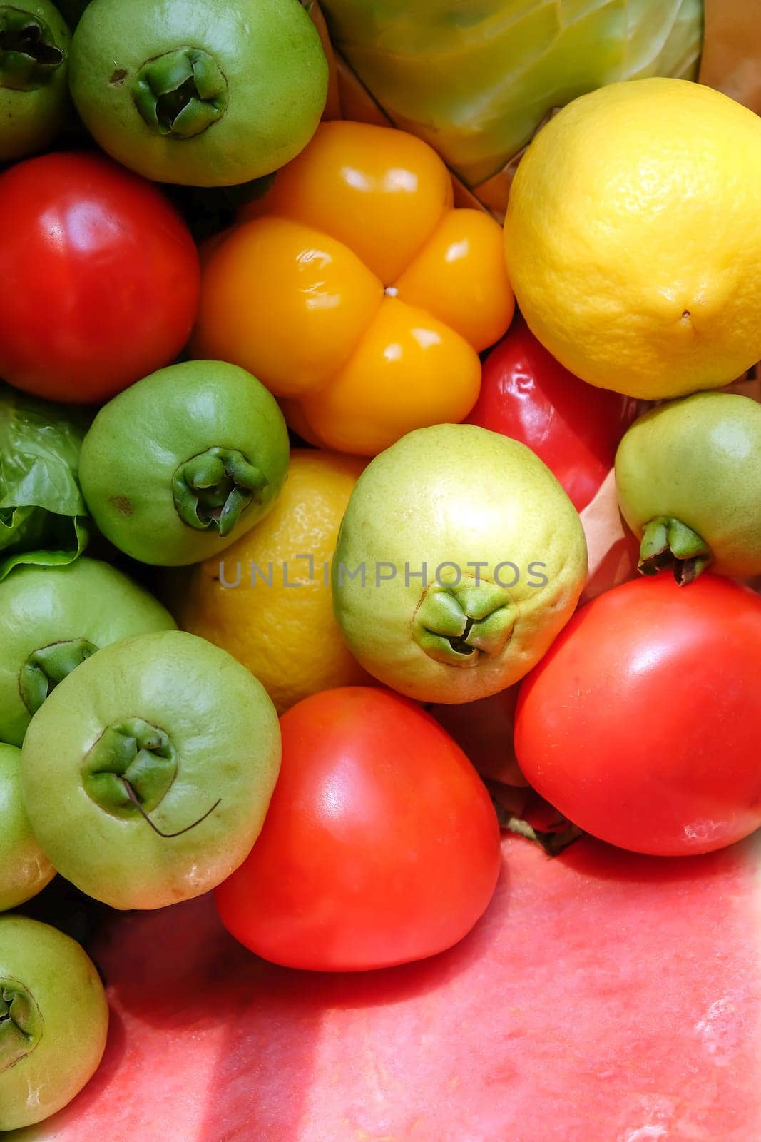 Colorful fresh vegetables and fruits as a background. Top view.