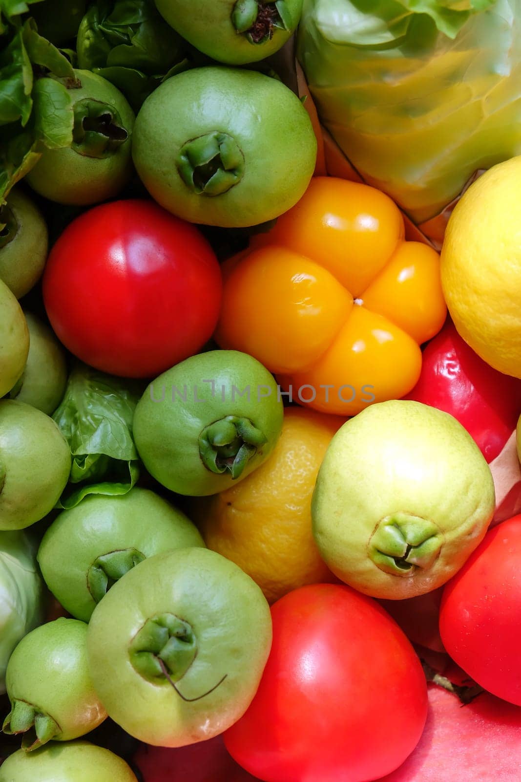Colorful fresh vegetables and fruits as a background. Top view.