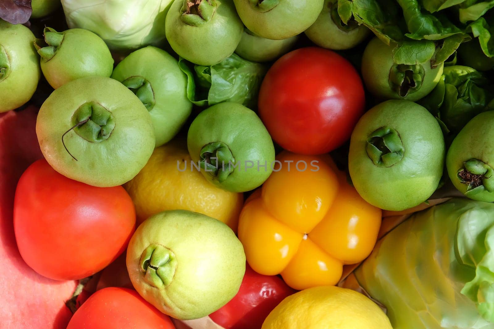 Colorful fresh vegetables and fruits as a background. Top view.