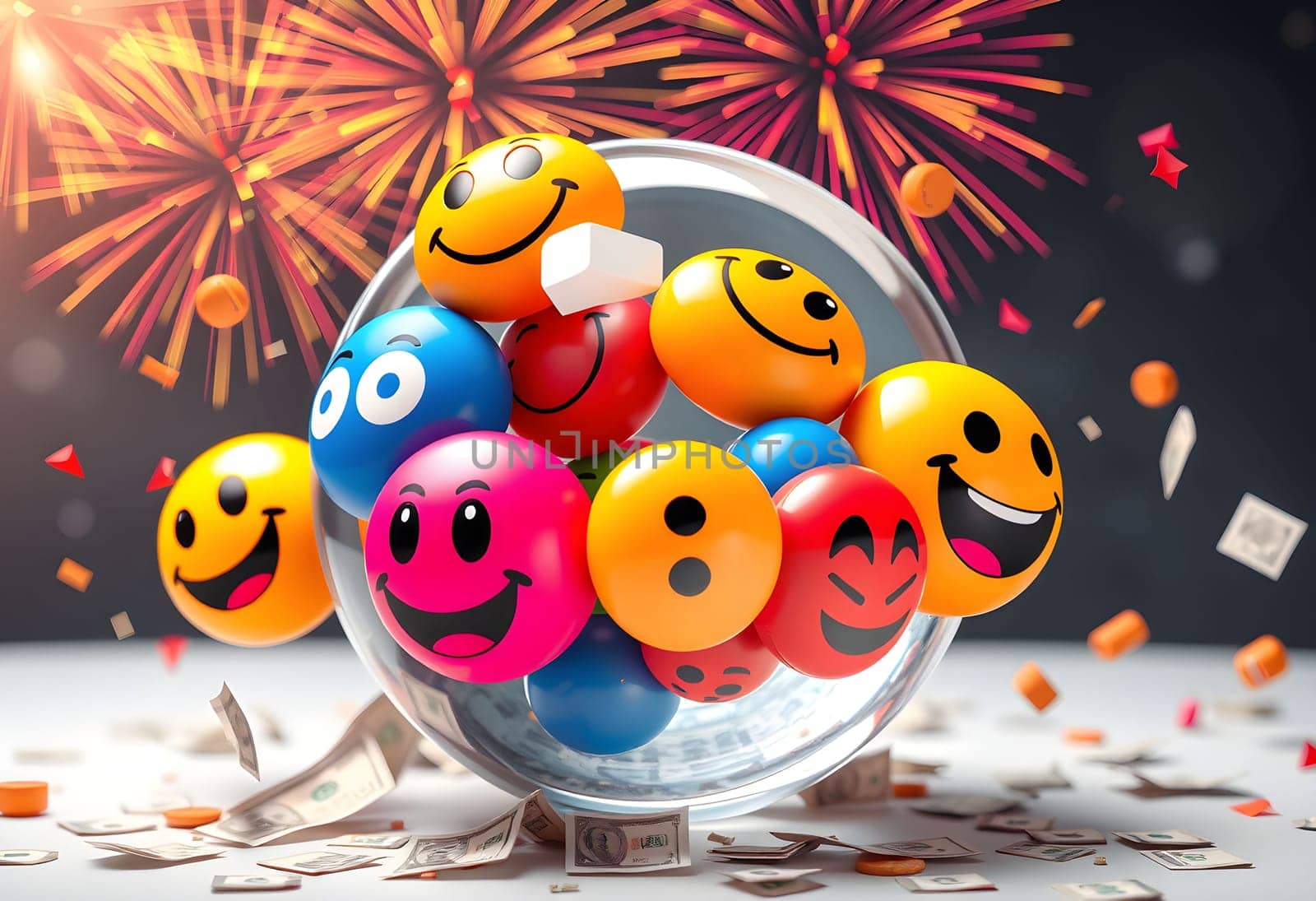 Smiley lottery celebration ball objects happy many cash generated ai alt smile smiles . High quality 3d illustration