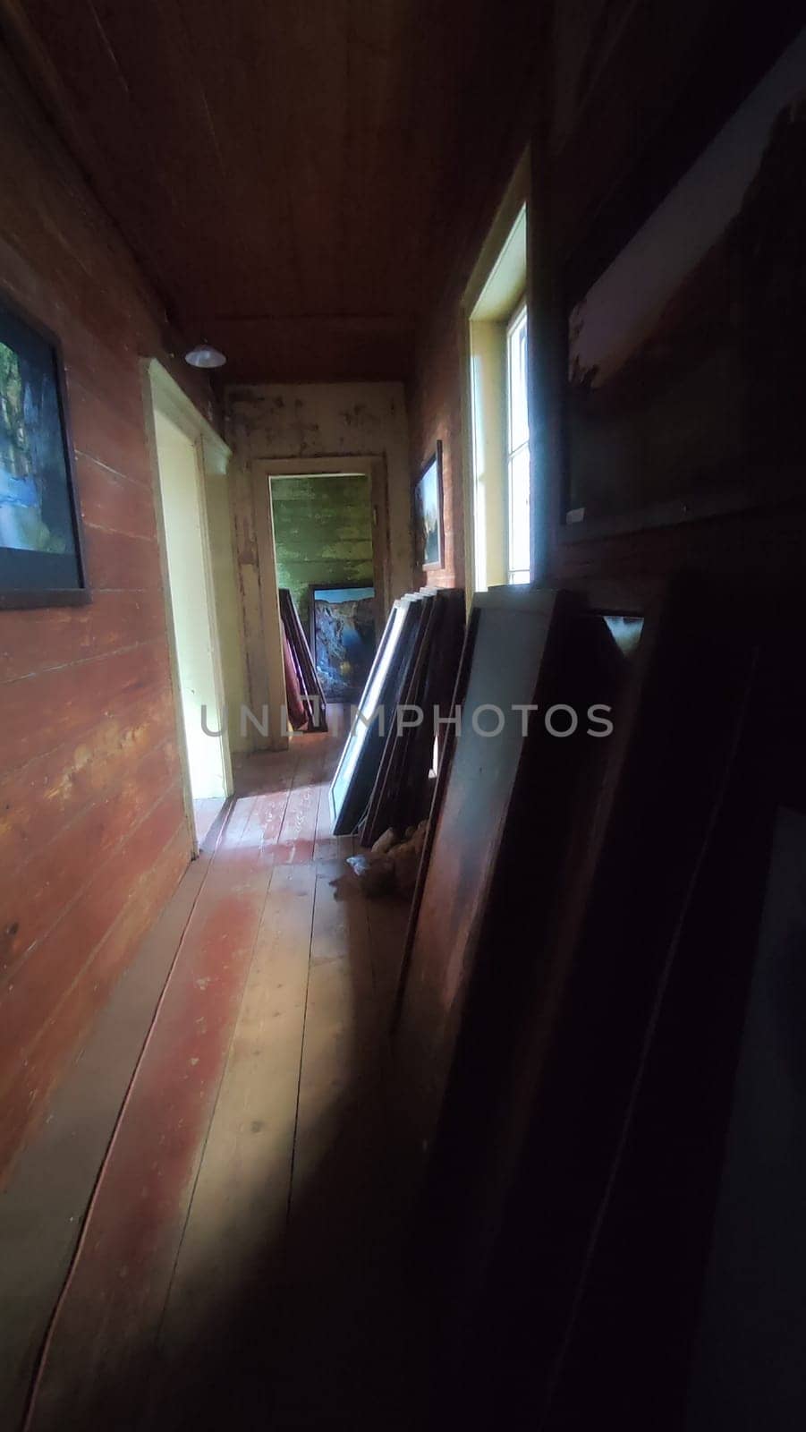 Wooden narrow hallway interior room dark black. High quality photo