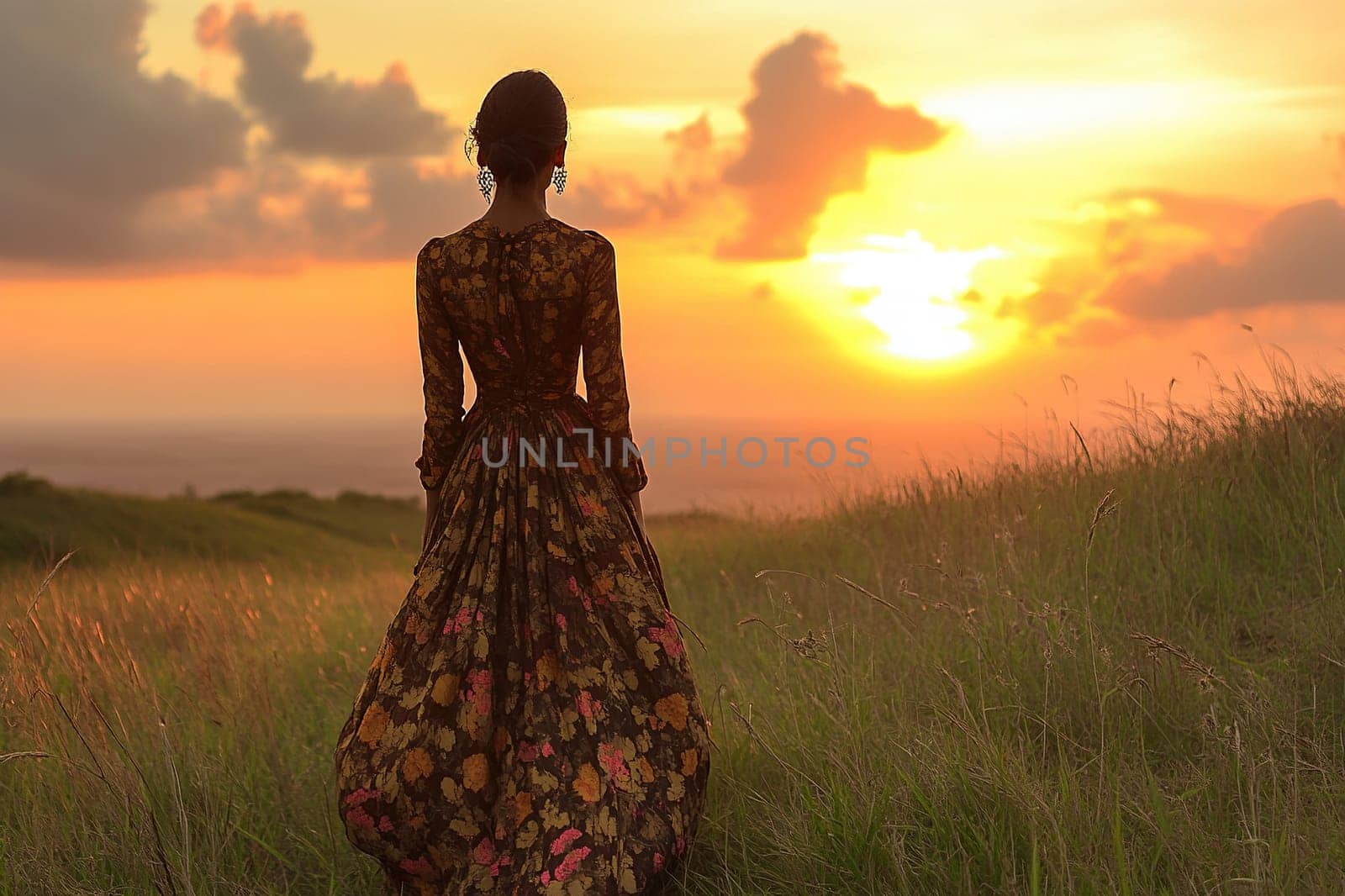 Full length rear view of girl in beautiful silk dress in field at sunset