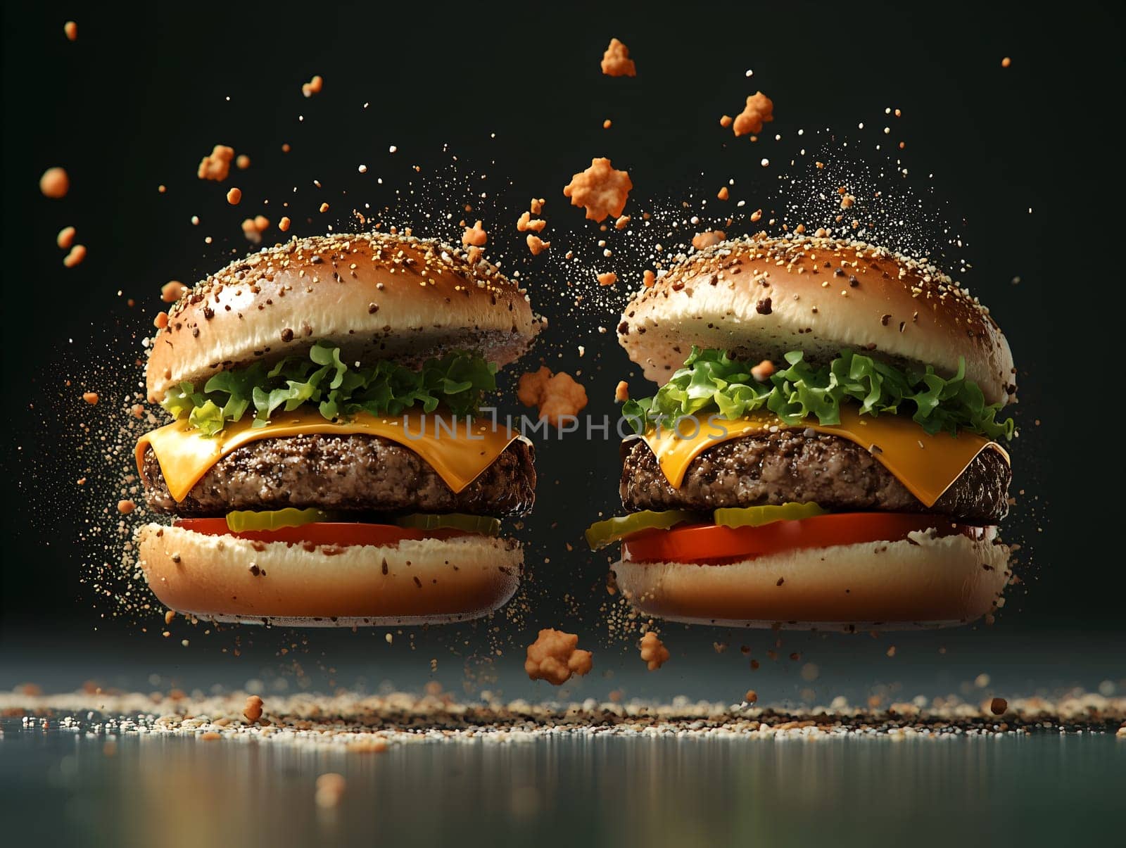 Two mouthwatering cheeseburgers with melted cheese, lettuce, and sesame buns, surrounded by flying crumbs. A dynamic and appetizing food presentation highlighting flavor and texture.