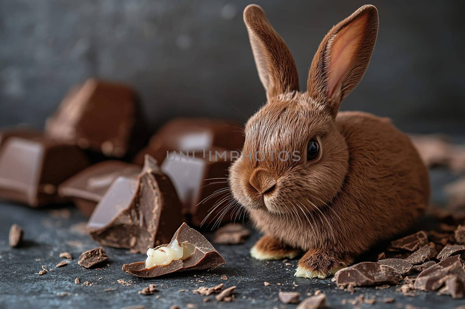 A small brown rabbit sits on a table surrounded by chocolate bars.
