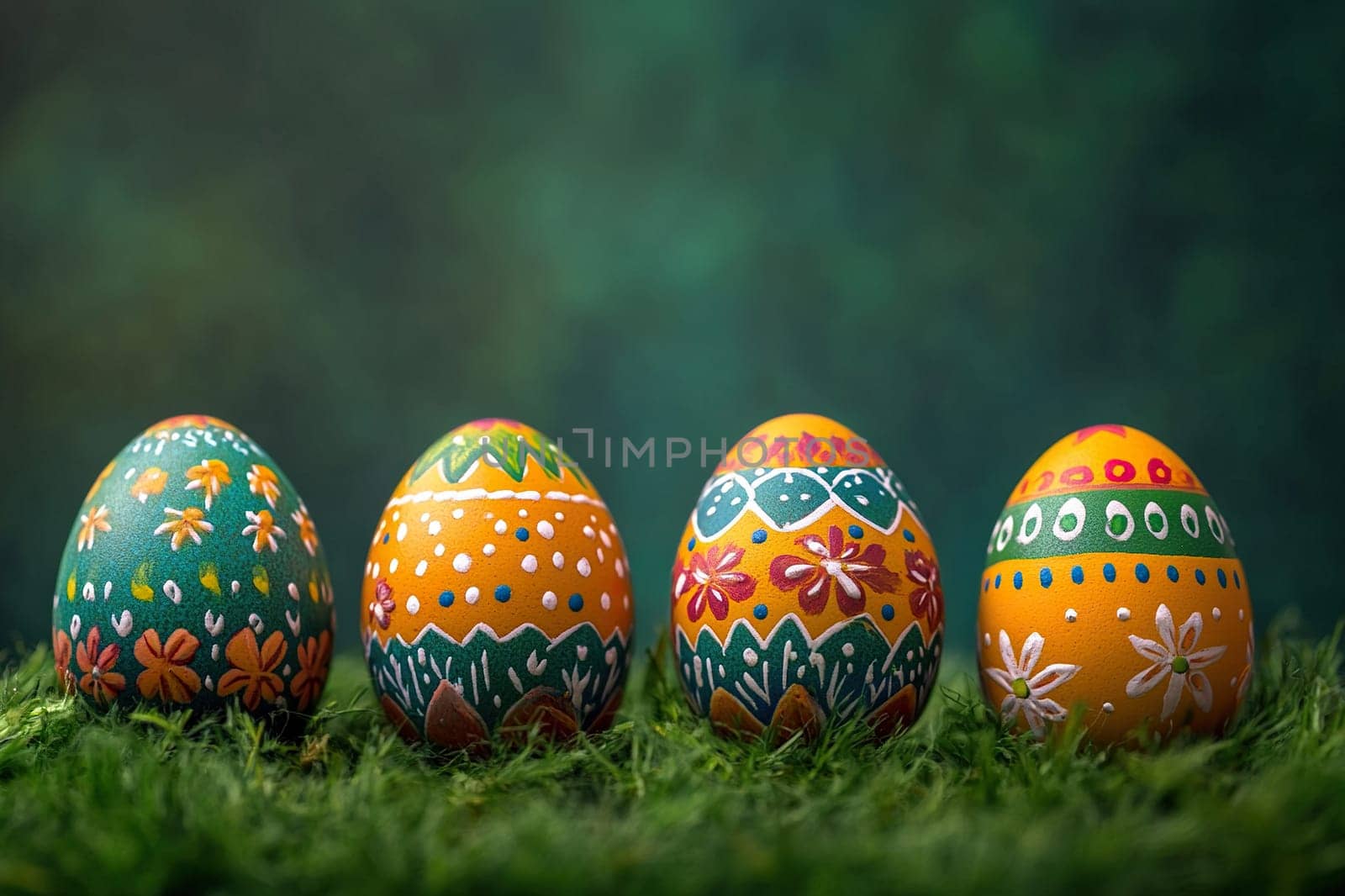 Four decorated Easter chicken eggs in green grass on green blurred background