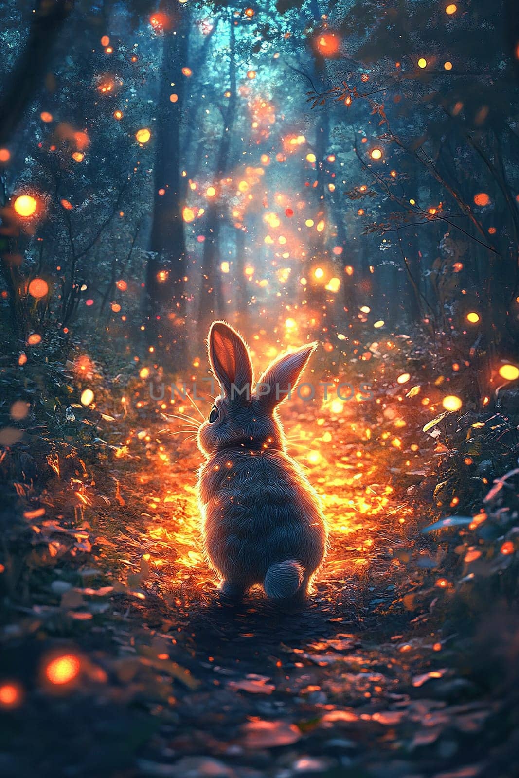 A rear view of a rabbit running through a magical forest.