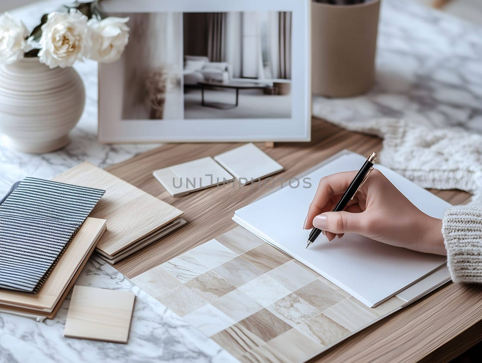 Creative interior designer planning a project, sketching ideas with wooden and stone material samples on a stylish workspace. A modern and elegant design process in progress.