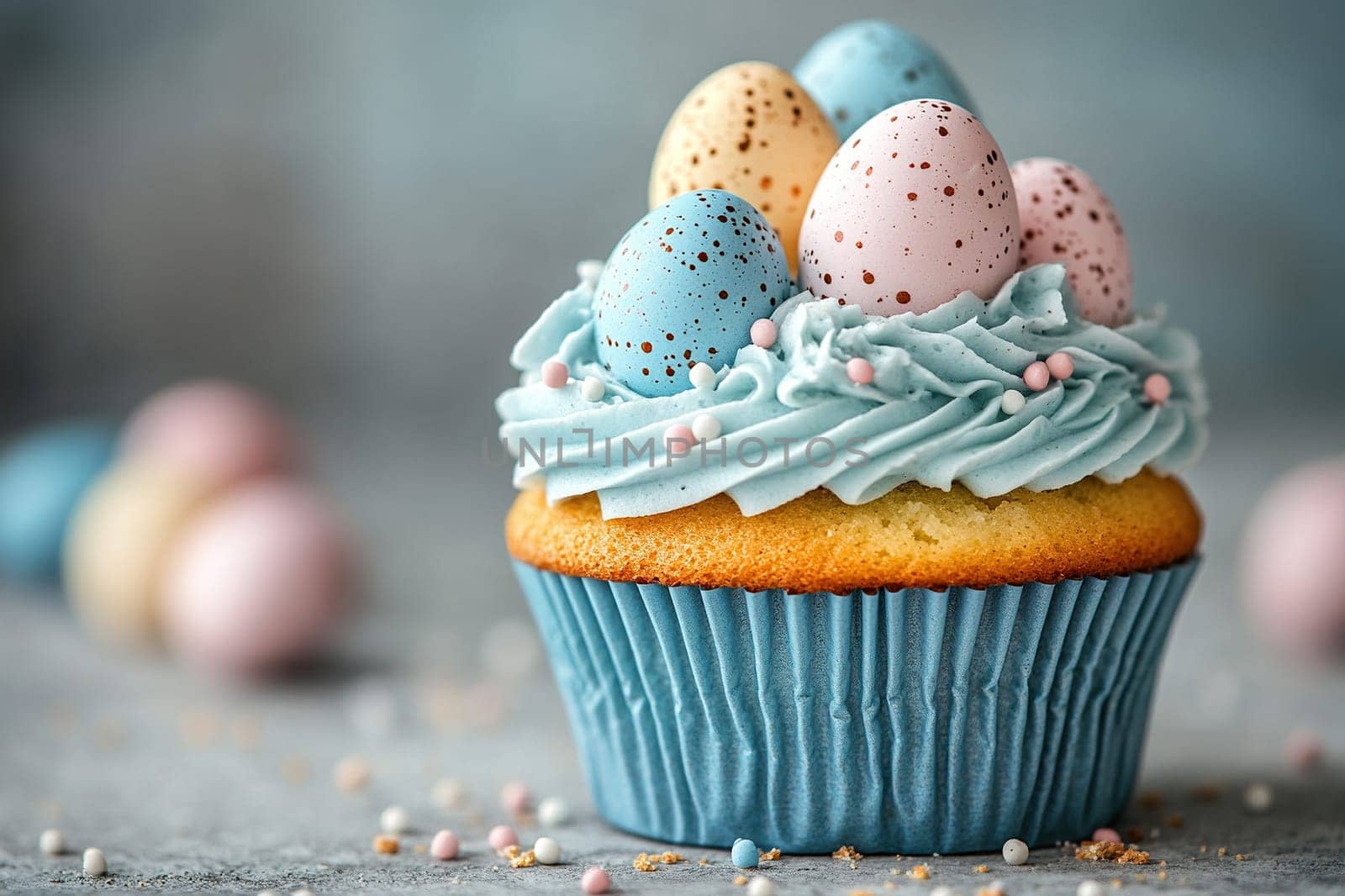 Delicious cupcake decorated with sugar easter eggs on a light blue background