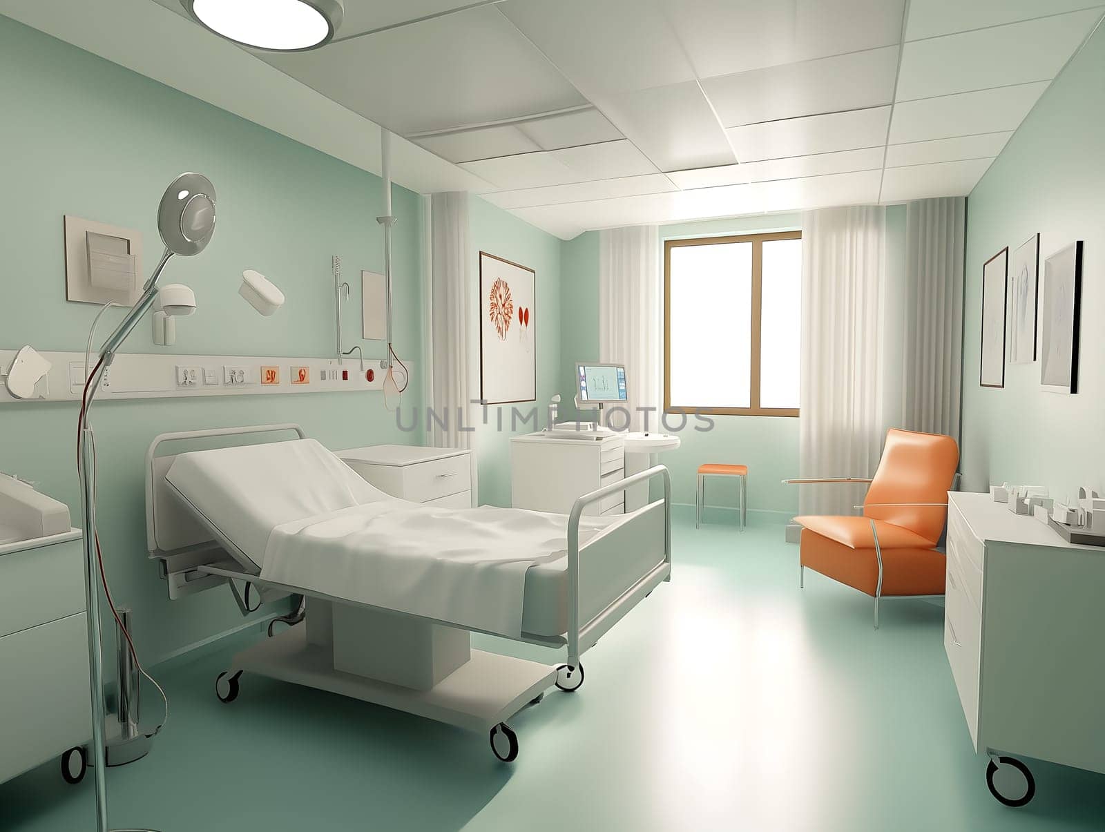 Bright and sterile hospital room featuring an adjustable bed, medical equipment, and a comfortable chair. The modern design creates a calm and reassuring healthcare environment.