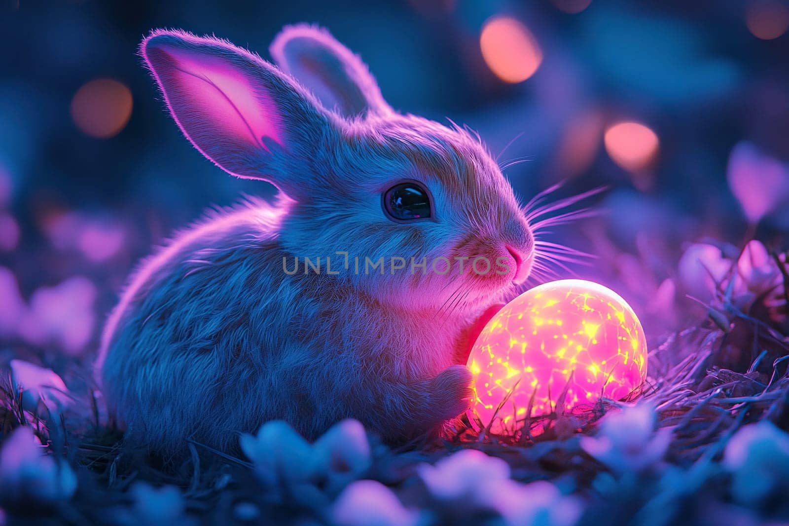 Easter bunny with colorful ultraviolet neon eggs around. Happy Easter.