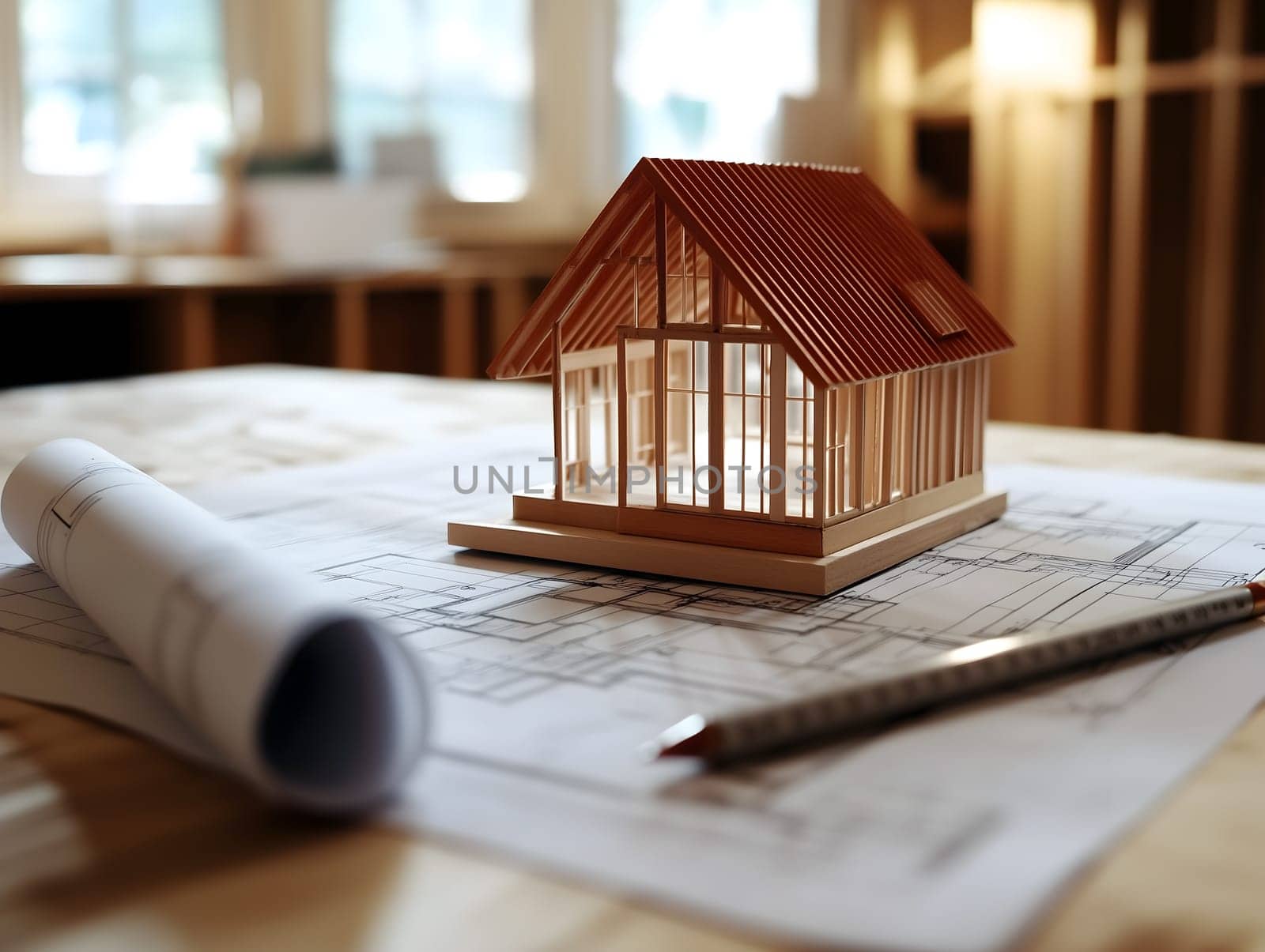 Detailed architectural model of a house placed on construction blueprints, accompanied by a pencil and ruler. A symbolic representation of home design, planning, and real estate development.