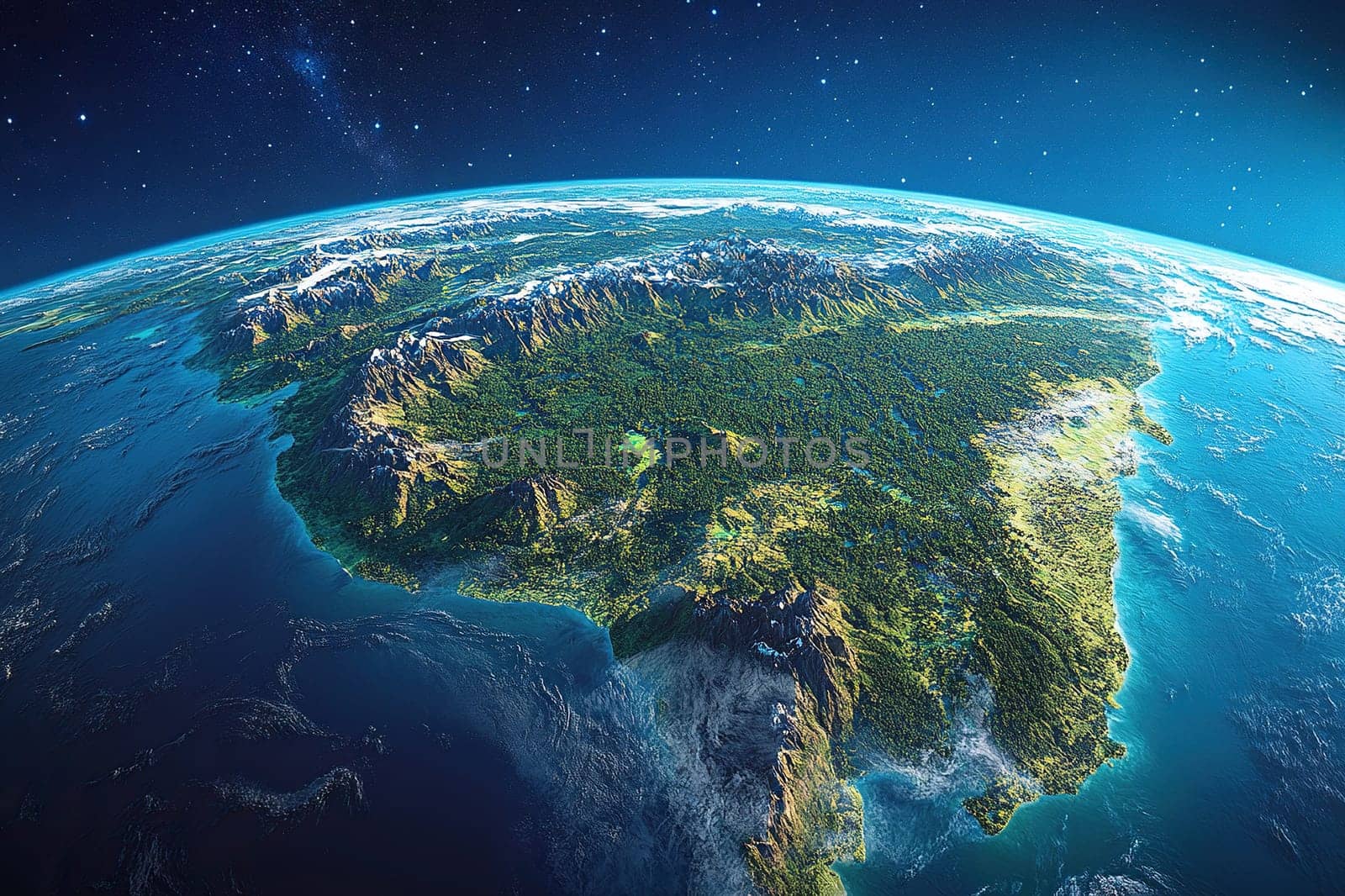 A realistic Earth with South America and the Amazon rainforest, emphasizing its scale on the planet. Highly detailed image of South America