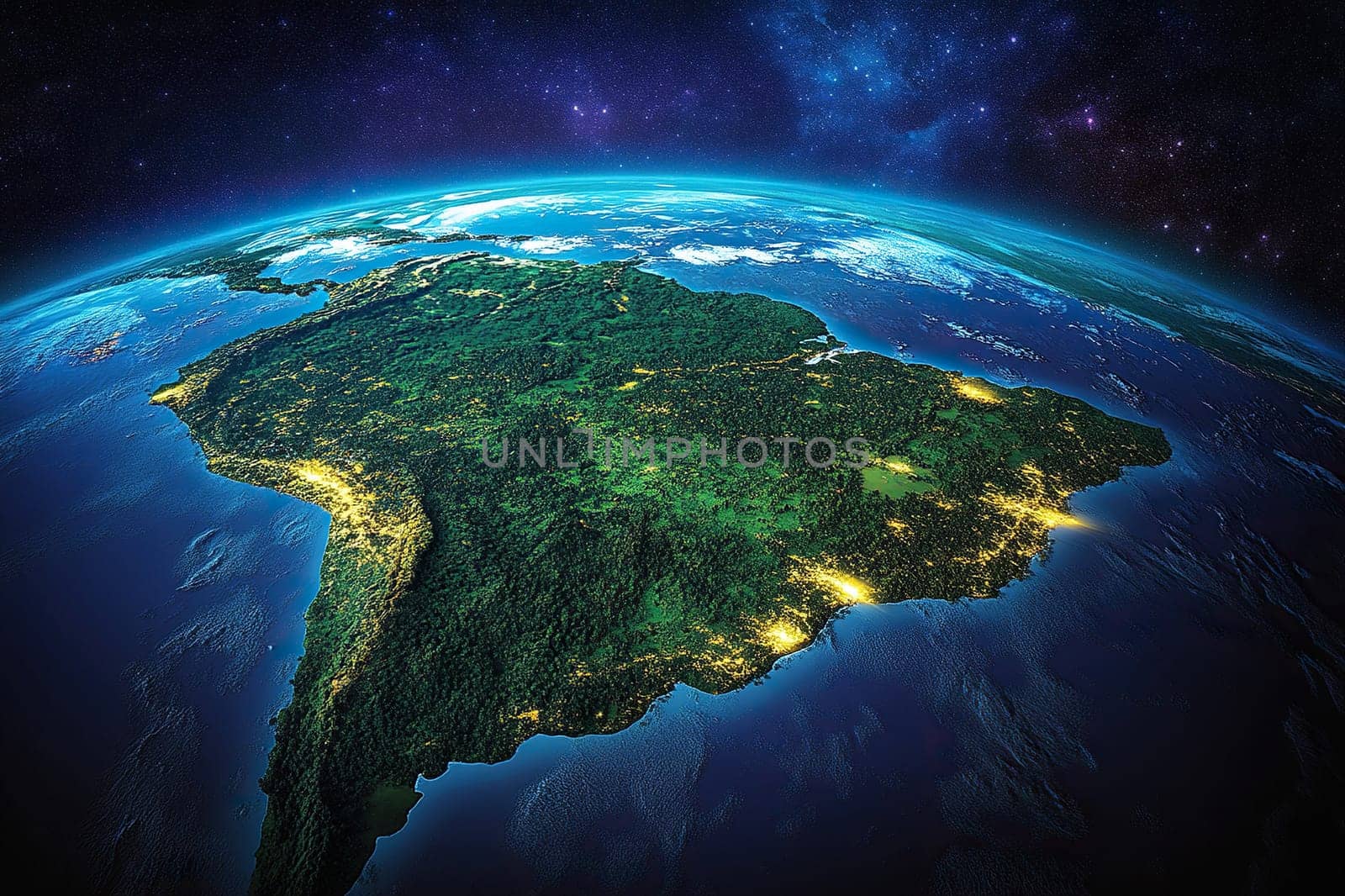 Realistic photograph of the planet Earth with South America continent. Blue space background with stars. Hyper-realistic