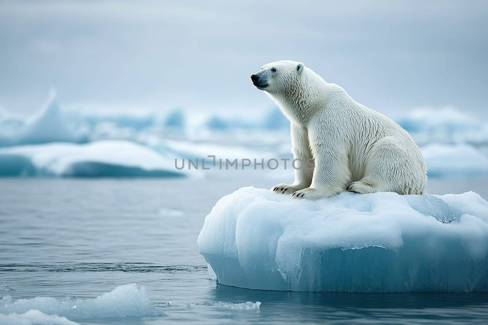 A polar bear sits on an ice floe in the Arctic sea among melting icebergs.