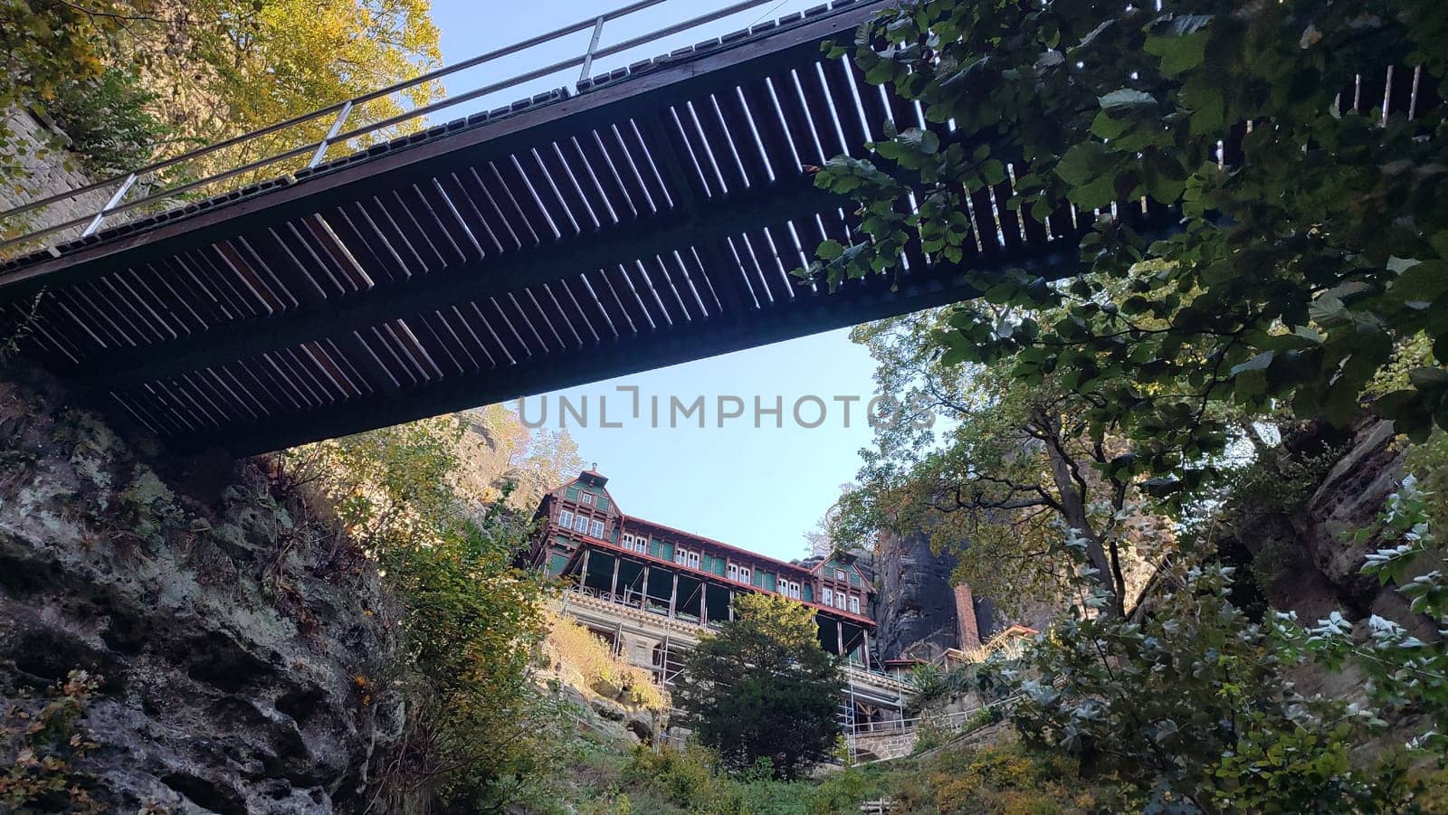 Bridge nature view nature travel tourism summer day park landscape background trees Czech Republic Europe Hrensko . High quality photo