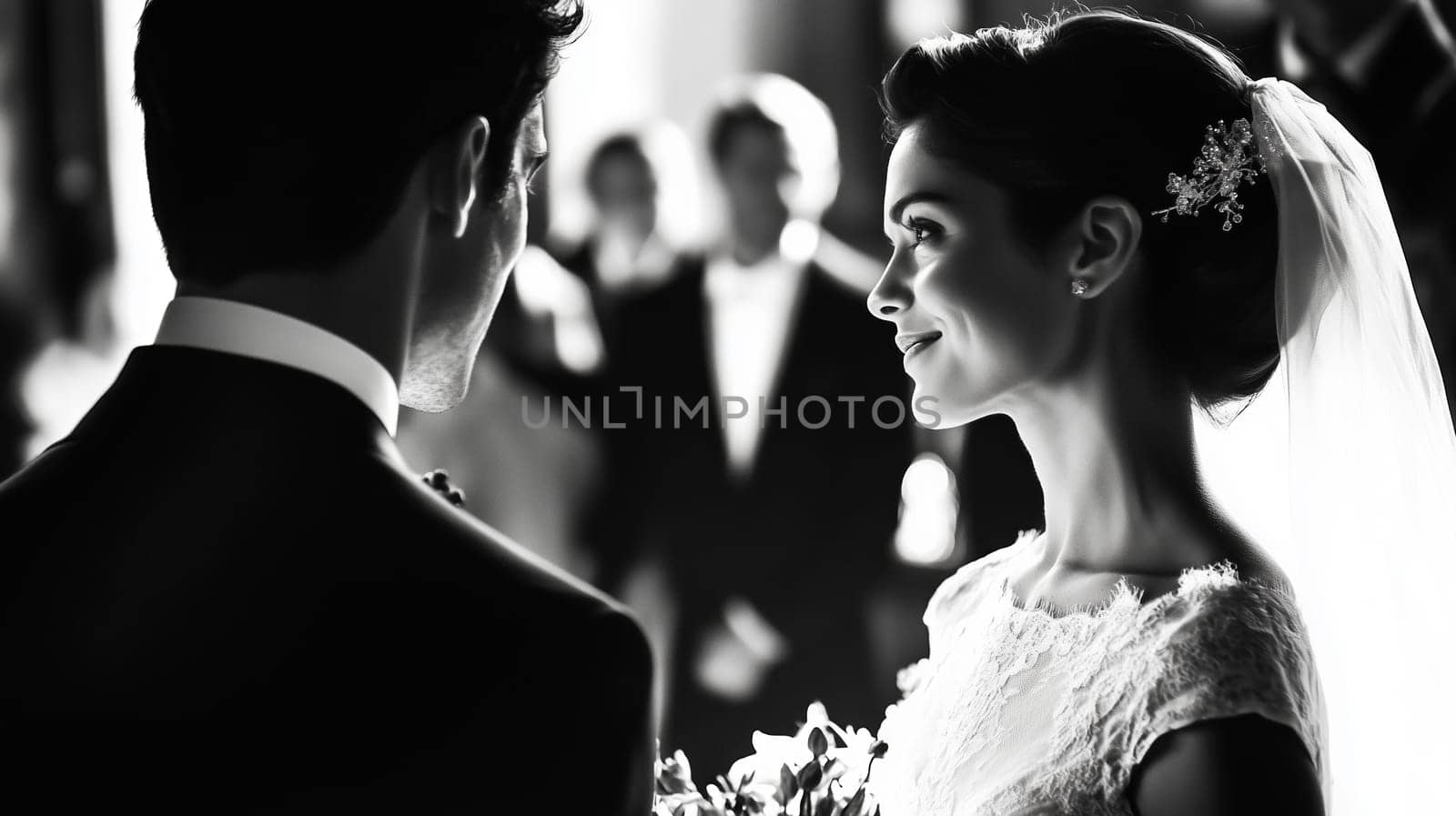 Wedding ceremony, beautiful bride and groom, elegant young couple close-up, black and white photography