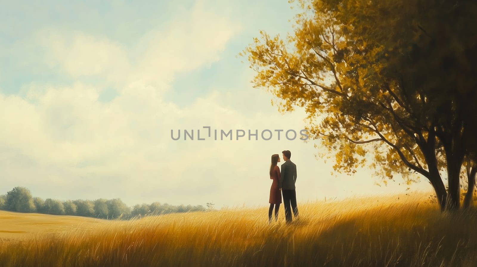Oil painting, silhouette of romantic loving young couple standing in the distance in a field near to an autumn tree, nature landscape background