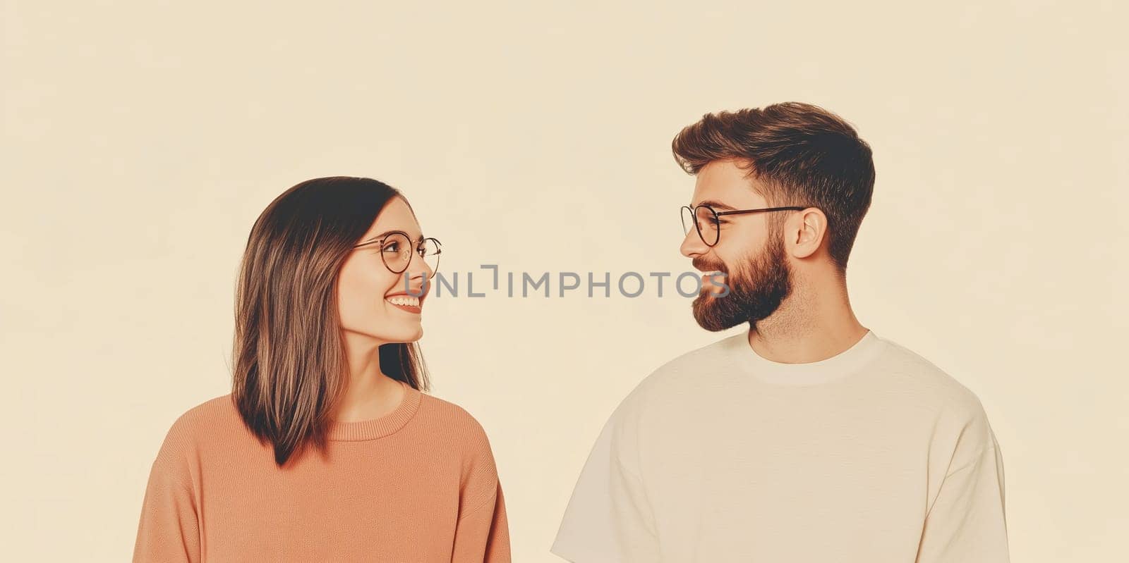 Modern happy young couple looking at each other, wearing glasses, generation z, woman and man smiles together on beige studio background