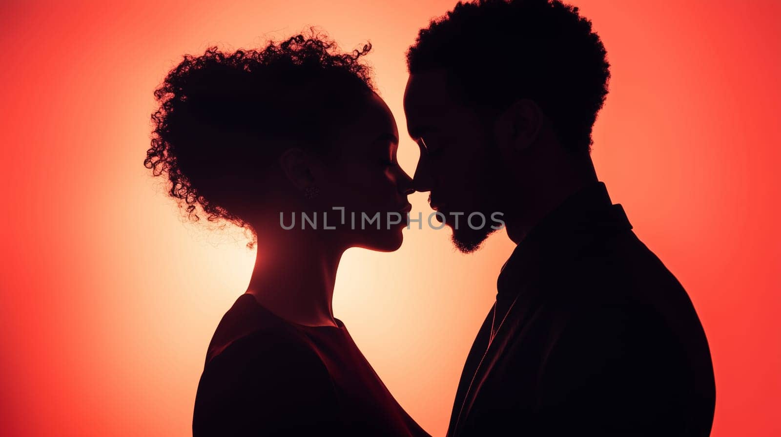 Valentine's day, love concept. Romantic silhouette of a African young couple kissing on red studio background. A passionate and intimate moment