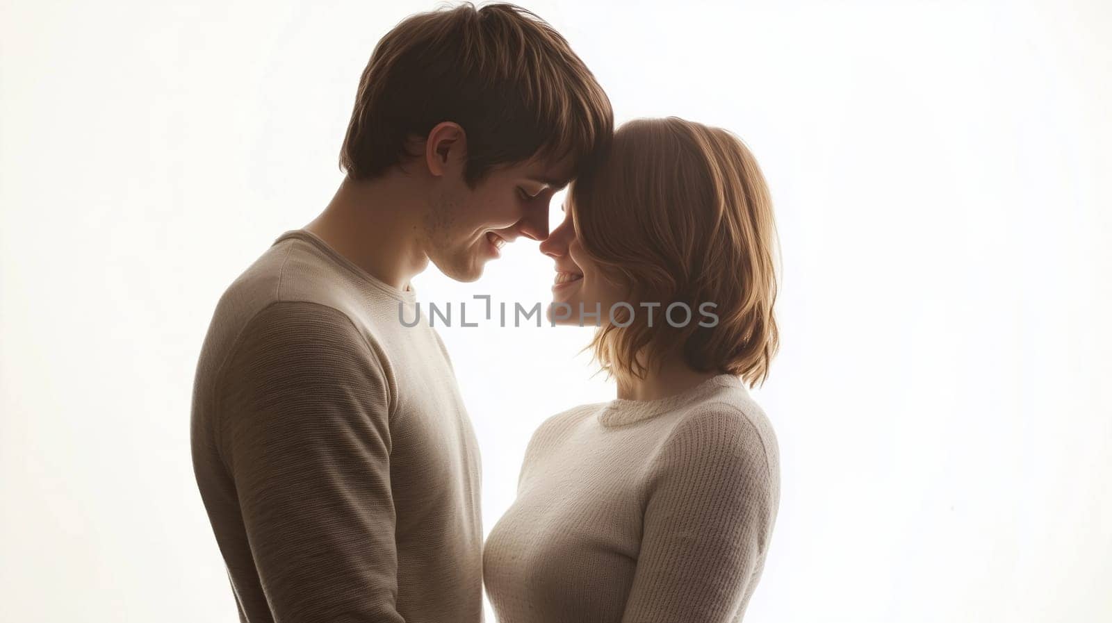 Portrait of happy loving young couple smiling embracing looking at each other standing on white studio background
