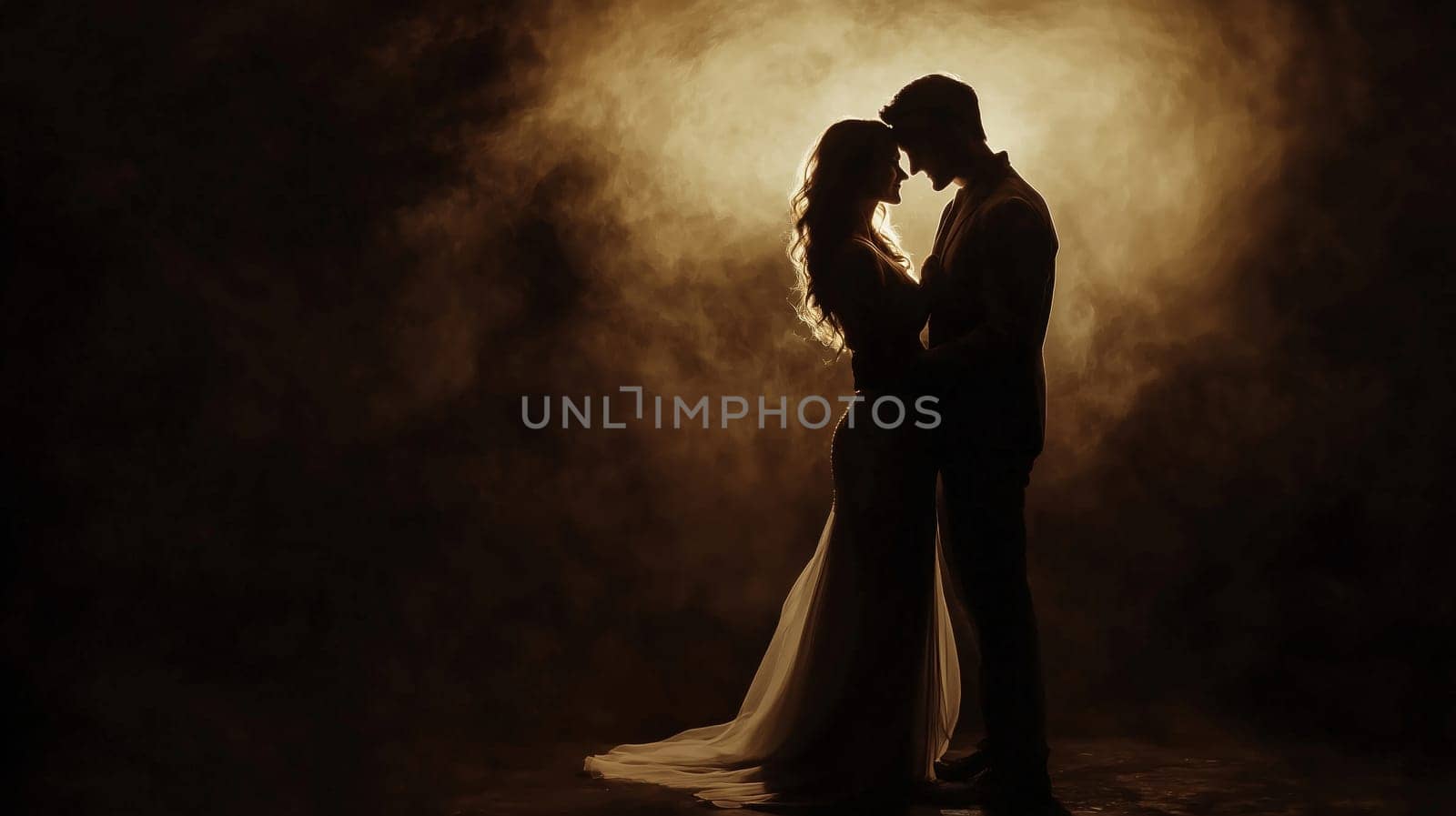 Romantic silhouette of a beautiful young couple embracing on studio background. Elegant woman and man, a passionate and intimate moment