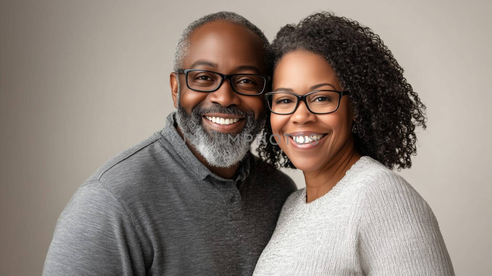 Portrait of happy black American mature couple smiling, African woman and man together on studio background