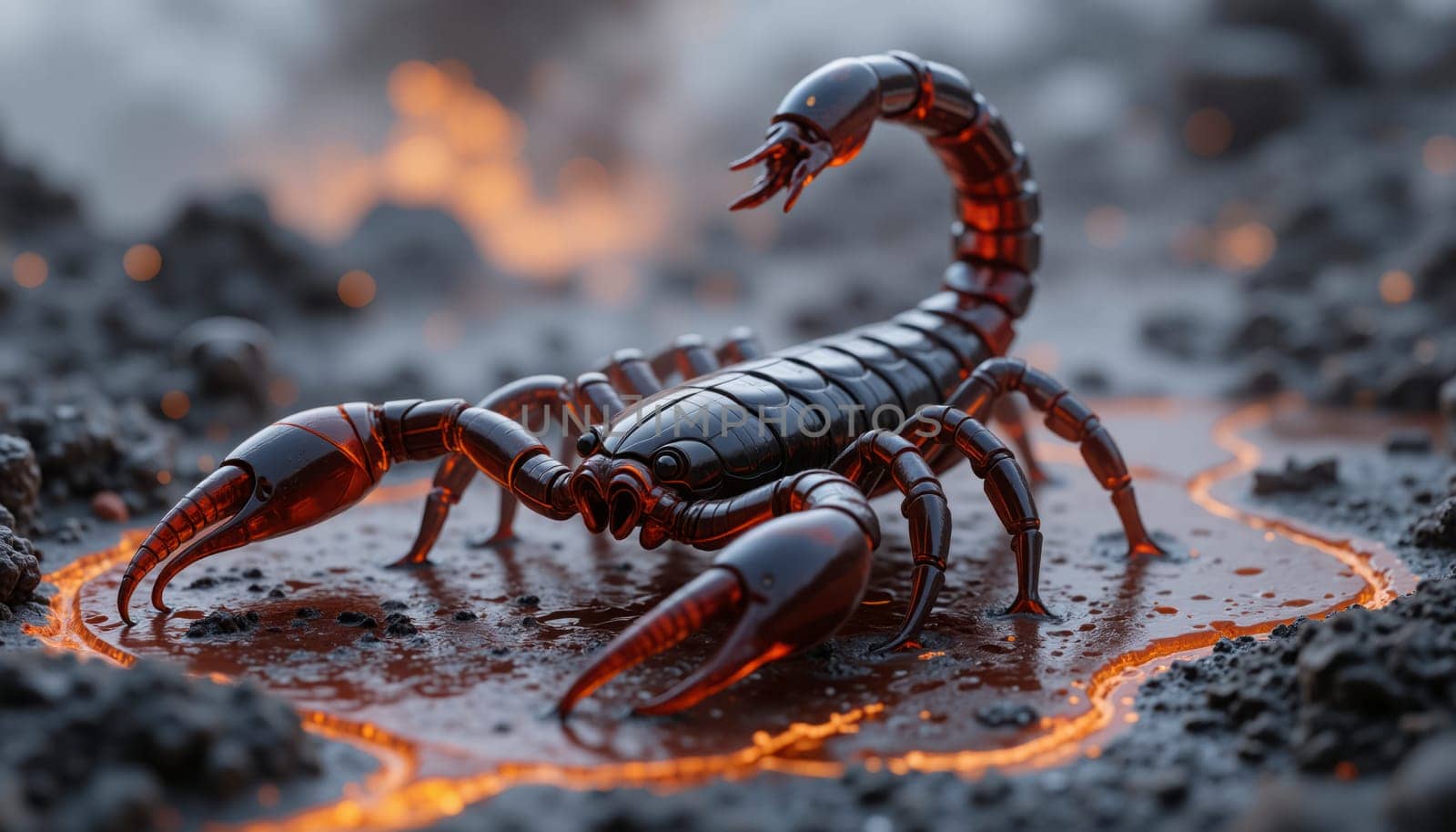 A large brown scorpion is standing on a lava rock. The scorpion is surrounded by a pool of lava, which gives the image a fiery and dangerous atmosphere