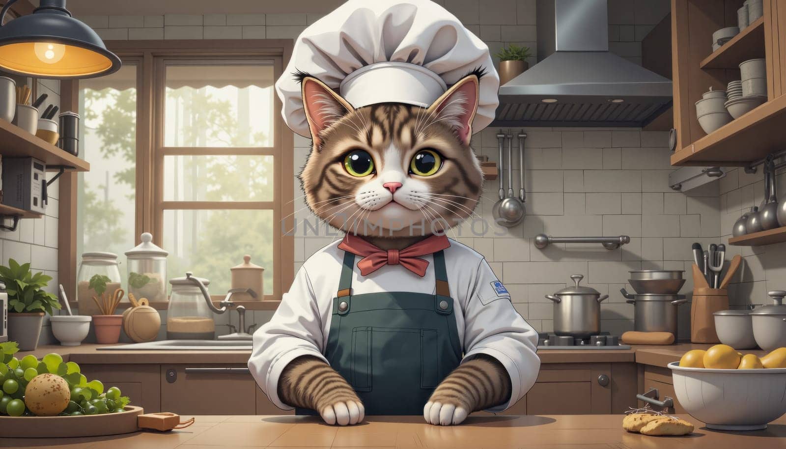 A cat chef is wearing a white apron and a red bow tie. He is sitting at a kitchen counter with a bowl of food in front of him