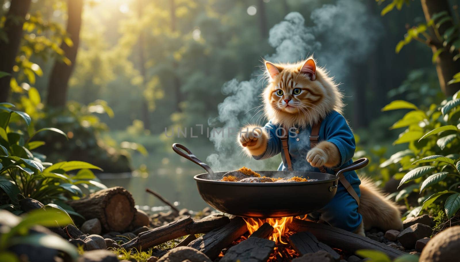 A cat is cooking food in a pan over a fire. The cat is wearing a blue outfit and he is enjoying the cooking process
