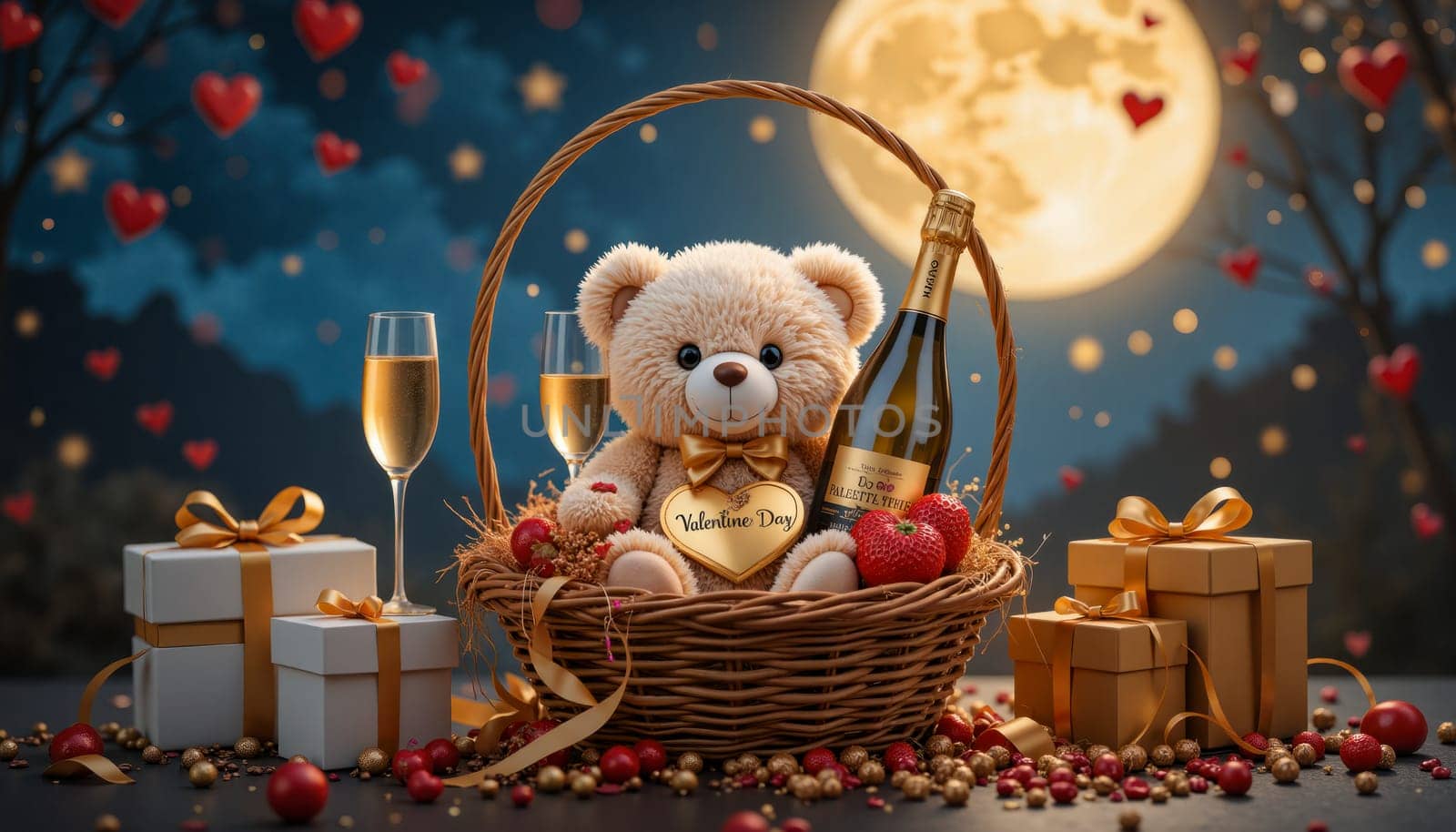 A teddy bear is sitting in a basket with a bunch of gold and red decorations. The basket is placed on a table with a few white boxes and a bottle. The scene is festive and joyful, with the teddy bear