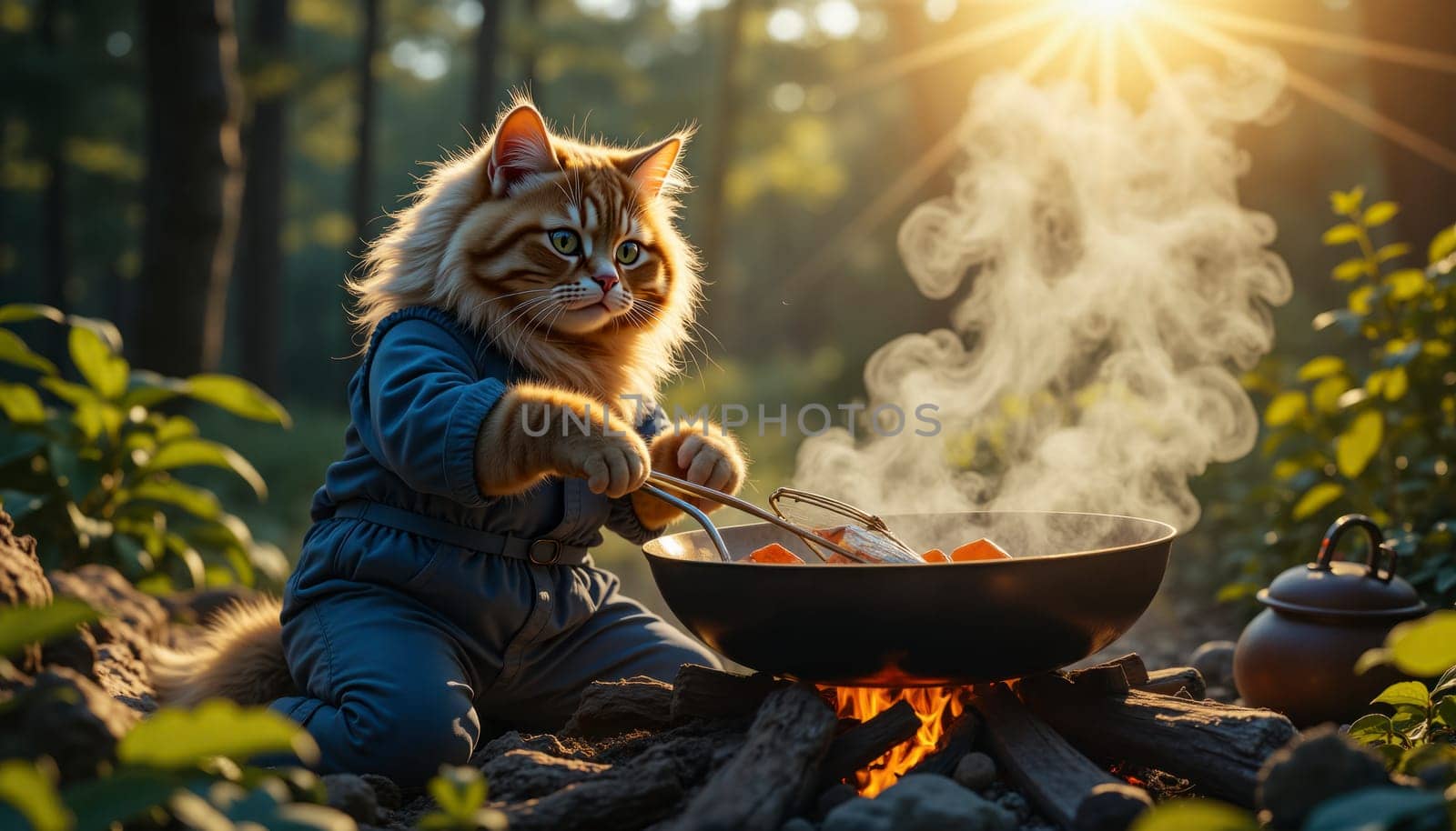 A cat is cooking food in a pan over a fire. The cat is wearing a blue outfit and he is enjoying the cooking process