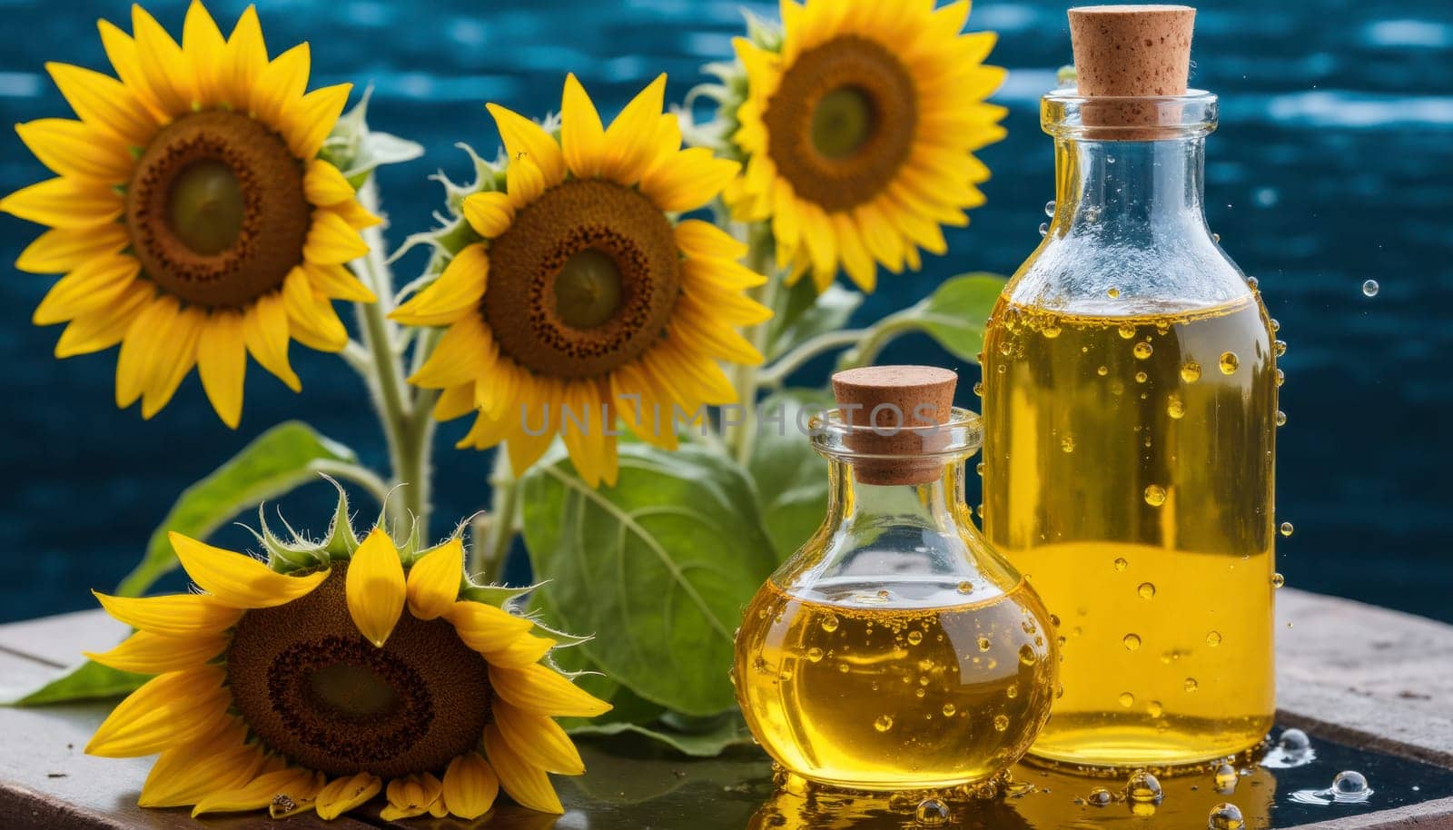 A bottle of oil is on a table with a bunch of leaves. The bottle is half full and the leaves are green