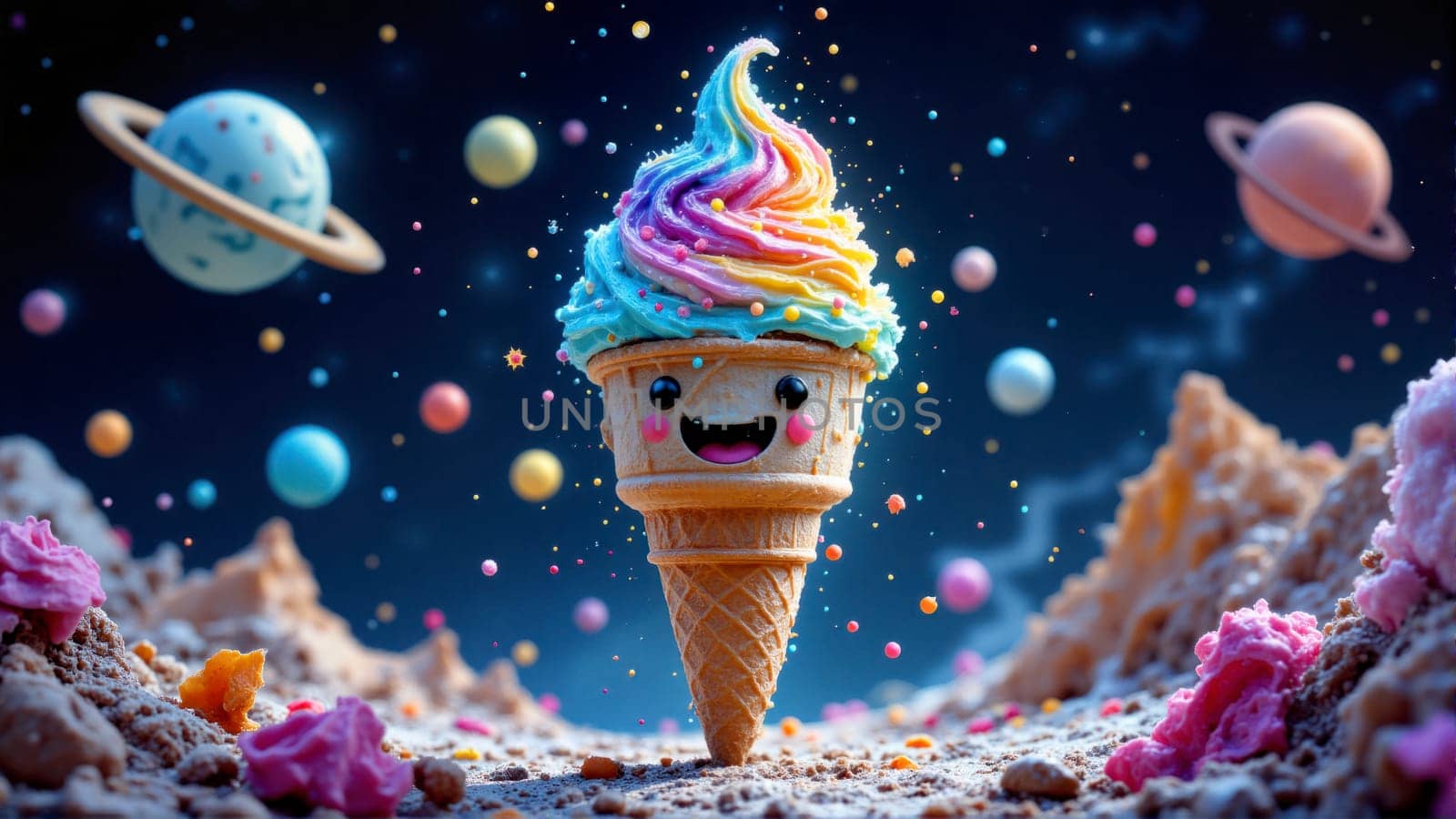 A colorful ice cream cone with a smiling face on it is surrounded by a galaxy of planets. The scene is whimsical and playful, with the ice cream cone standing out as the main focus