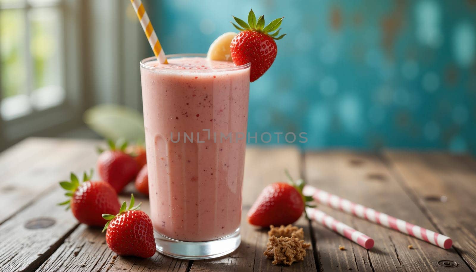 A glass of strawberry smoothie with a straw and a strawberry on top. Scene is light and refreshing
