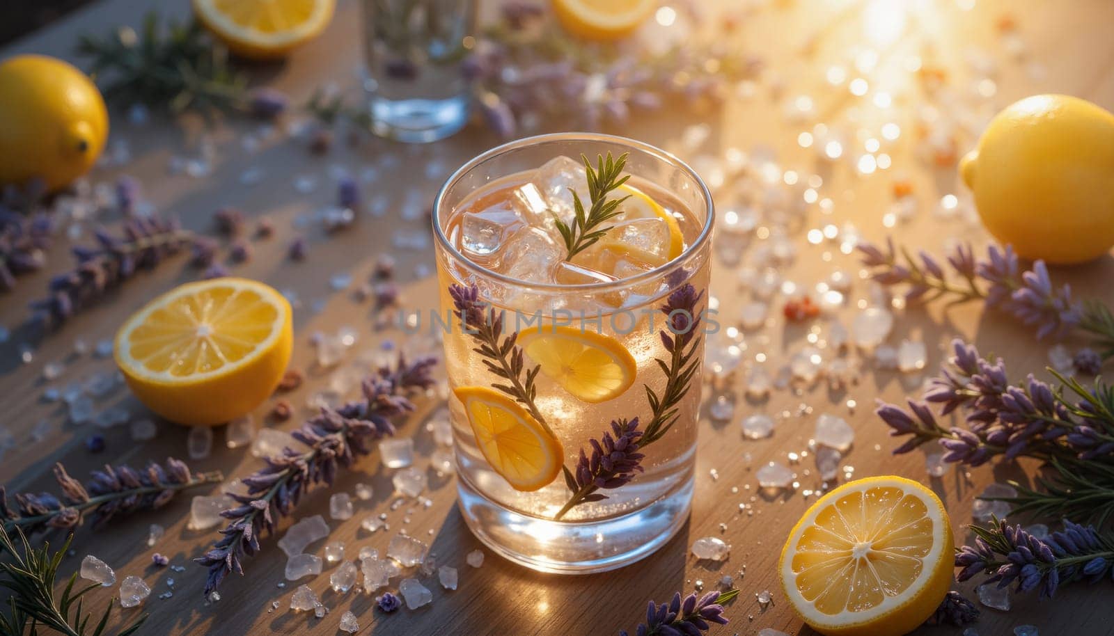 A glass of lemonade with a few slices of lemon on top. The glass is on a table with a bunch of lemons and some flowers