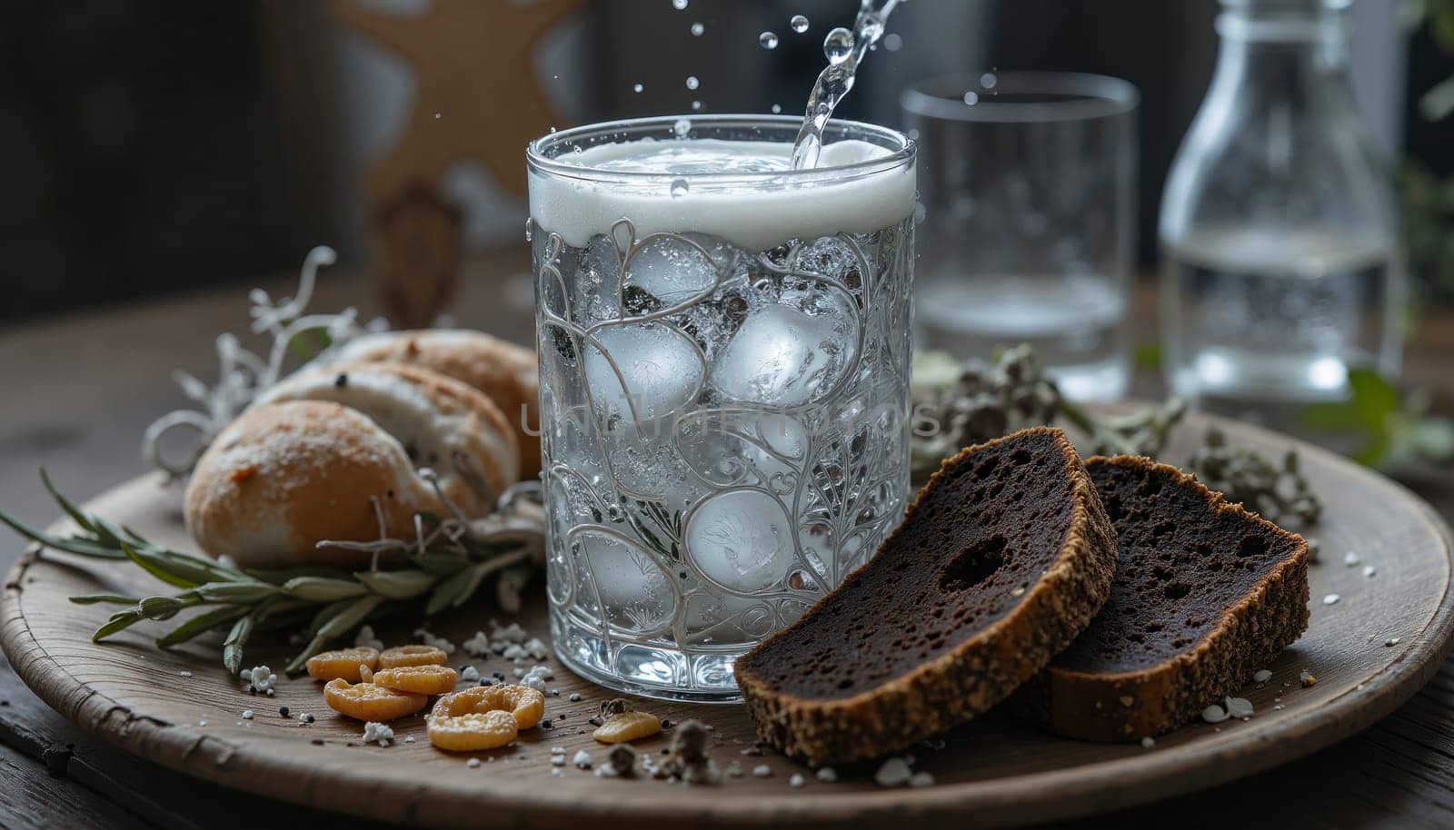 A glass of water with ice cubes in it is on a wooden table with a slice of bread and some herbs