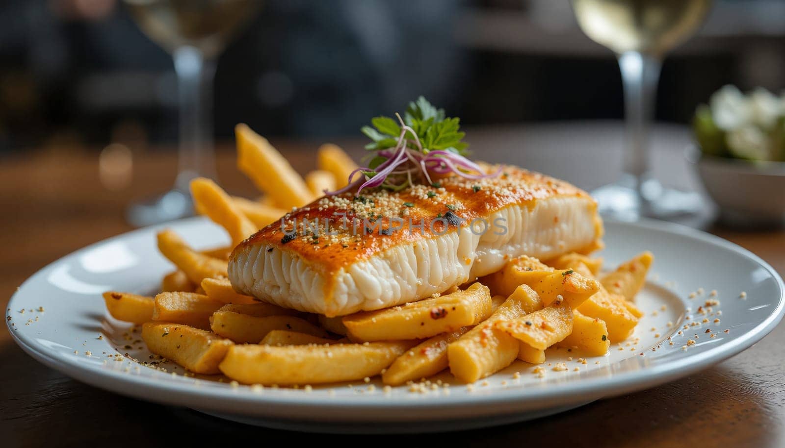 A plate of fish and fries with a garnish of parsley. The plate is set on a table with wine glasses and a bowl