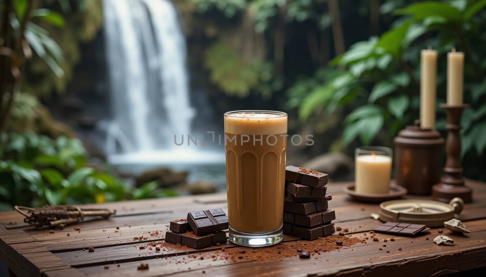 A glass of coffee is on a table next to a waterfall and a pile of chocolate. The scene is serene and peaceful, with the coffee