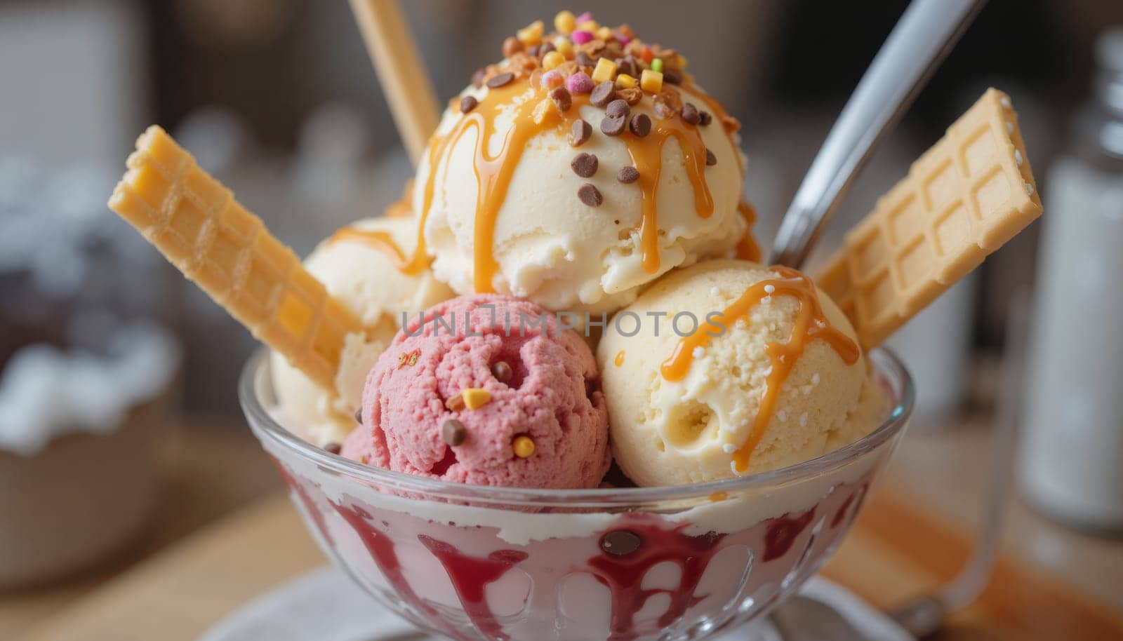 A bowl of ice cream with a pink and white swirl and a chocolate drizzle. The ice cream is topped with a waffle stick and a chocolate drizzle