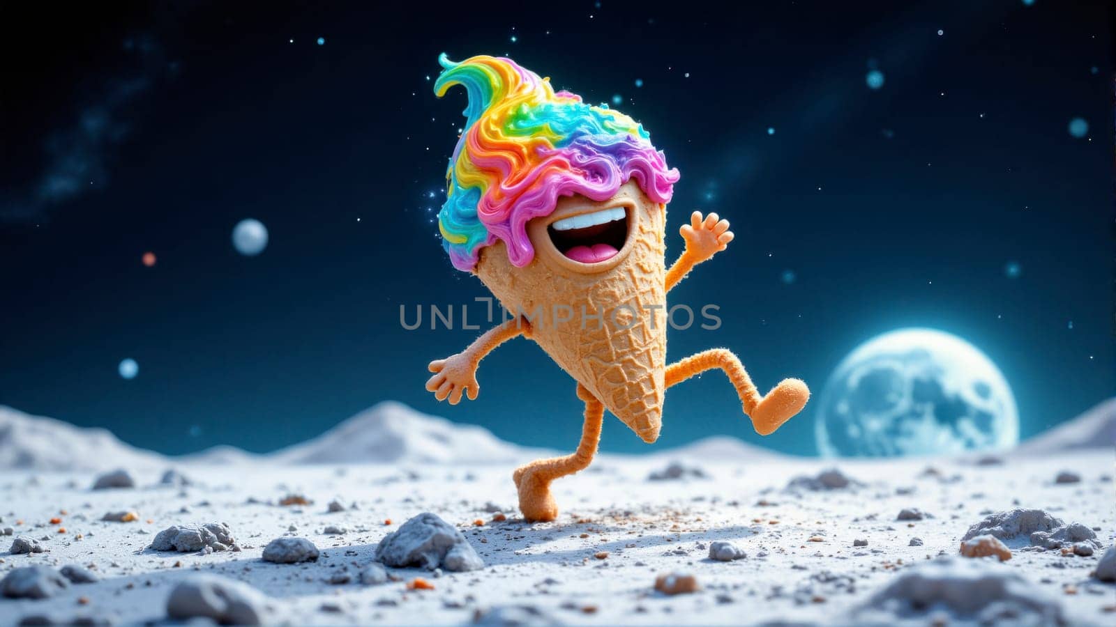 A cartoon character with rainbow hair is standing on a snowy surface with a giant ice cream cone on its head