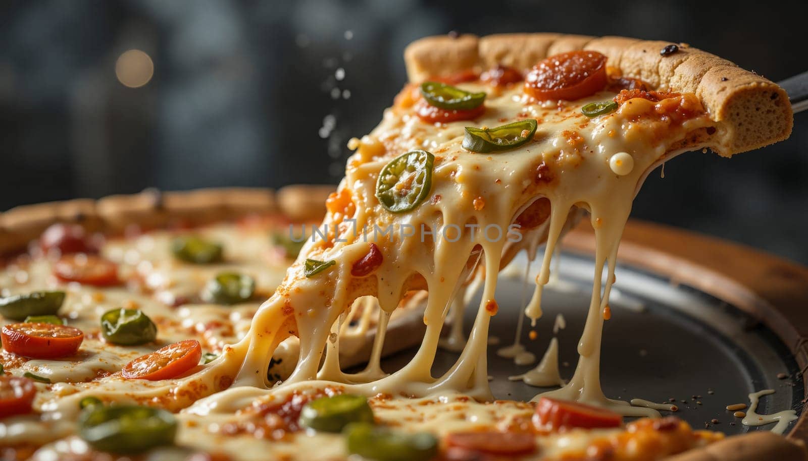 A slice of pizza with cheese and tomatoes on it. The cheese is melted and dripping off the slice