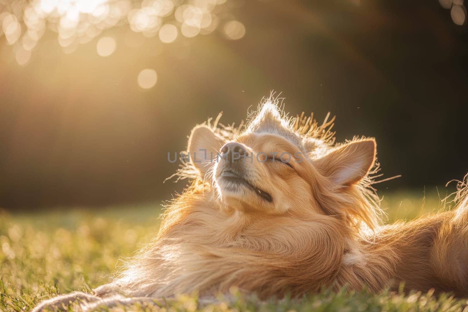 A dog lounges in the grass, basking in the sunlight while grooming its fur.