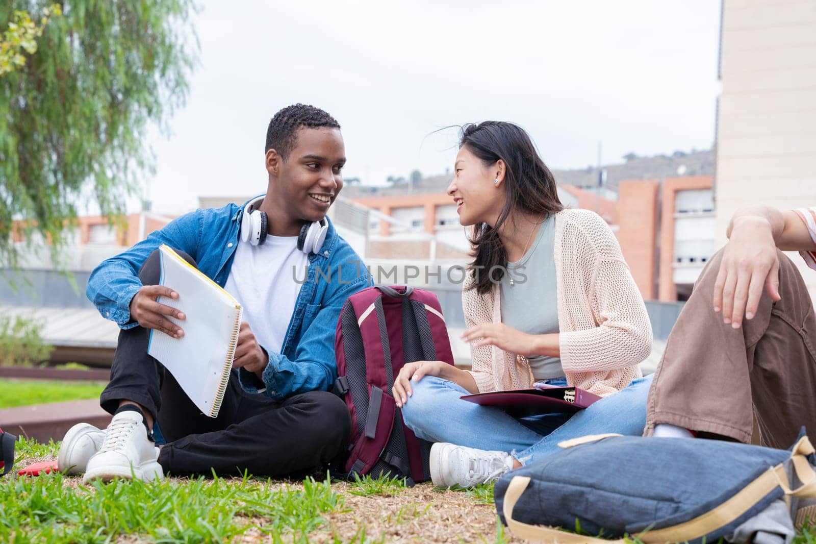 Diverse multiethnic friends relaxing after class outdoors. University life concept