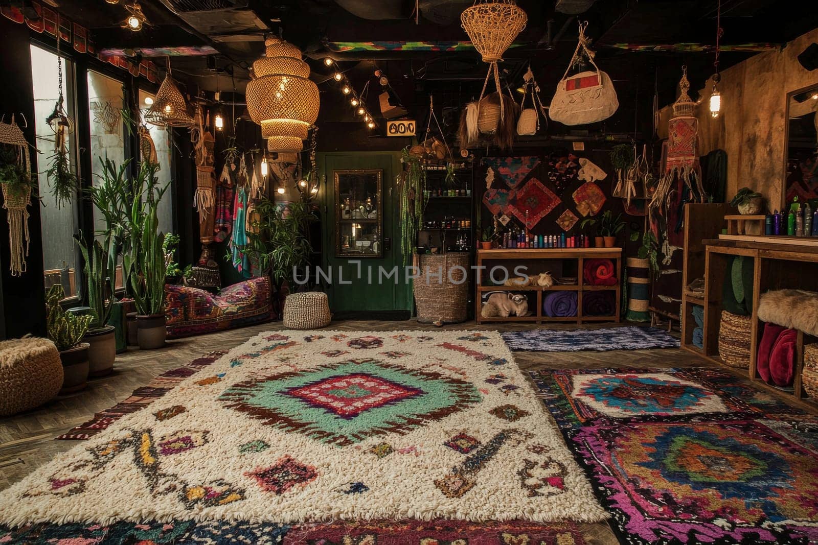 This grooming area showcases vibrant rugs, natural lighting, and a welcoming ambiance for pets.