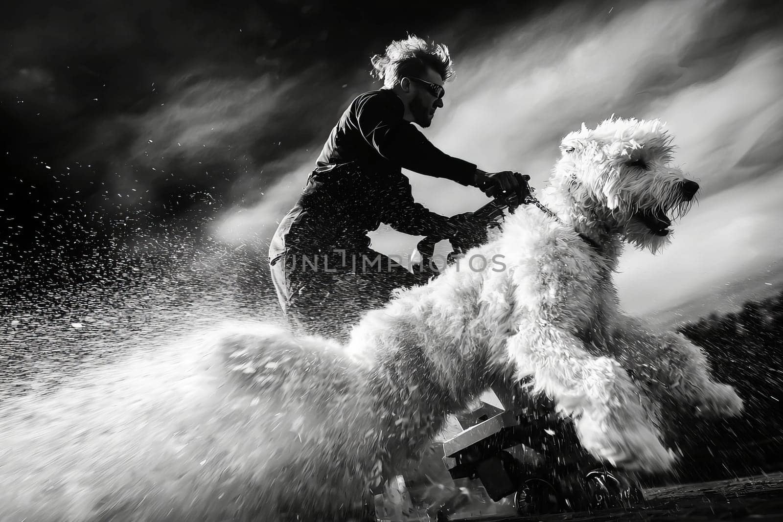 A man joyfully grooms a large dog, creating splashes of water in bright sunlight.