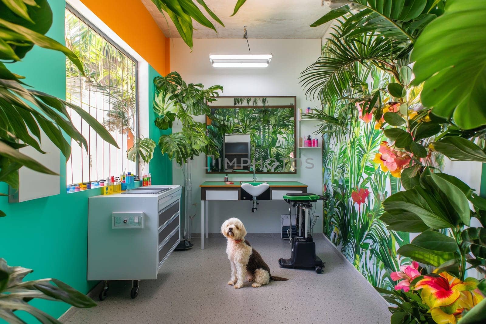 A well-designed dog grooming space featuring green plants and modern equipment awaits pet owners.