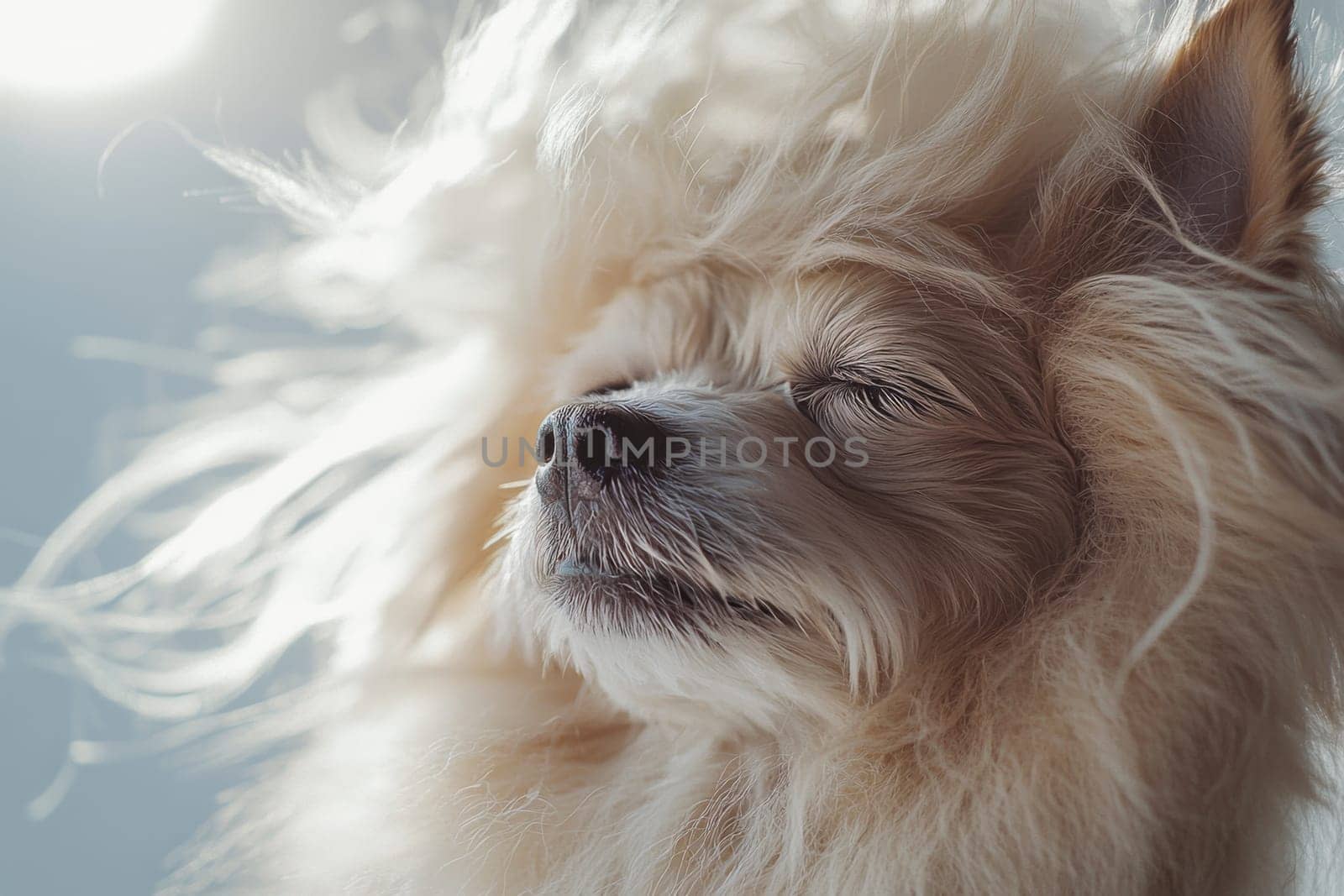 A fluffy dog appears relaxed with its eyes closed, basking in warm sunlight during grooming.